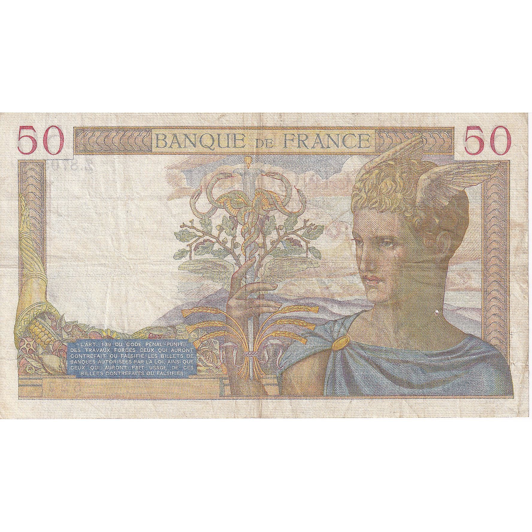 Francia, 50 Francs, Cérès, 1938, Z.8705, BB, Fayette:18.16, KM:85b