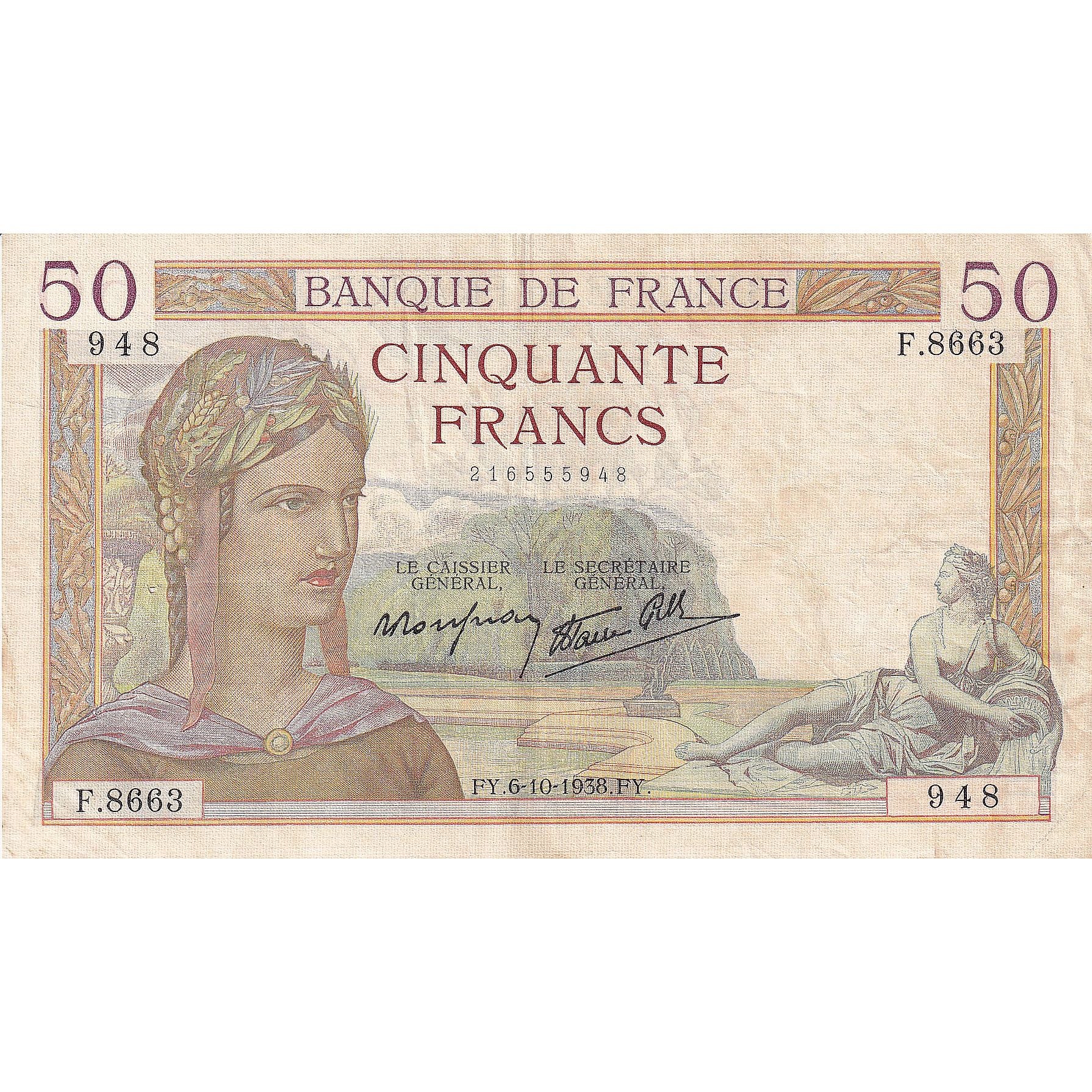 France, 50 Francs, Cérès, 1938, F.8663, EF(40-45), Fayette:18.15, KM:85b