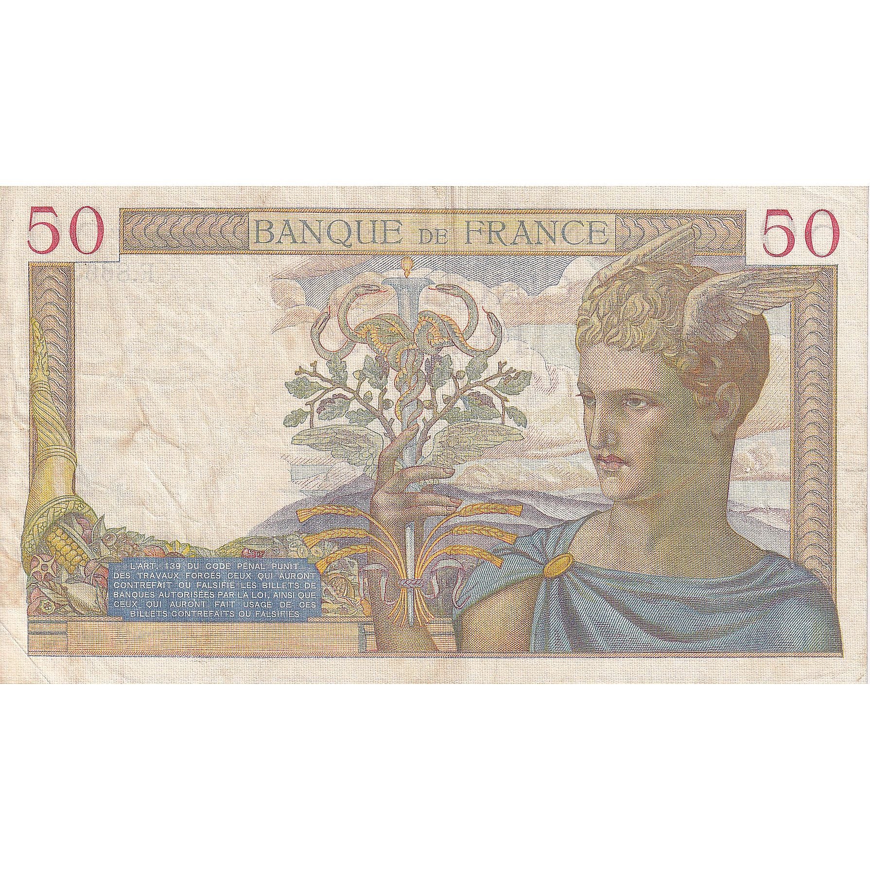 France, 50 Francs, Cérès, 1938, F.8663, EF(40-45), Fayette:18.15, KM:85b