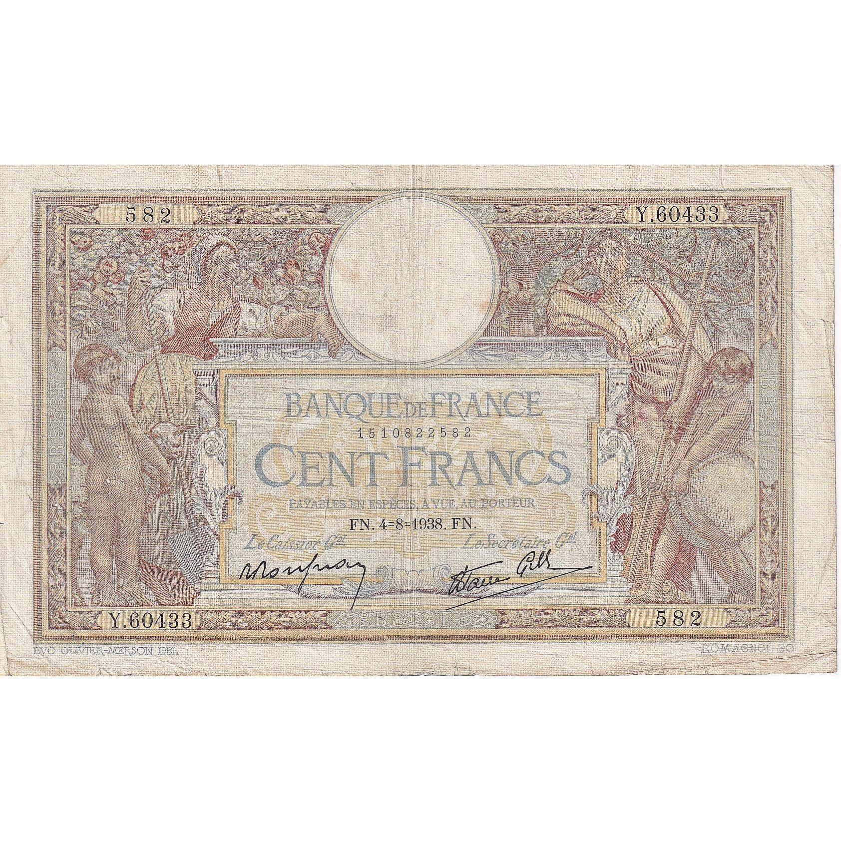 France, 100 Francs, Luc Olivier Merson, 1938, Y.60433, VF(20-25), Fayette:25.12