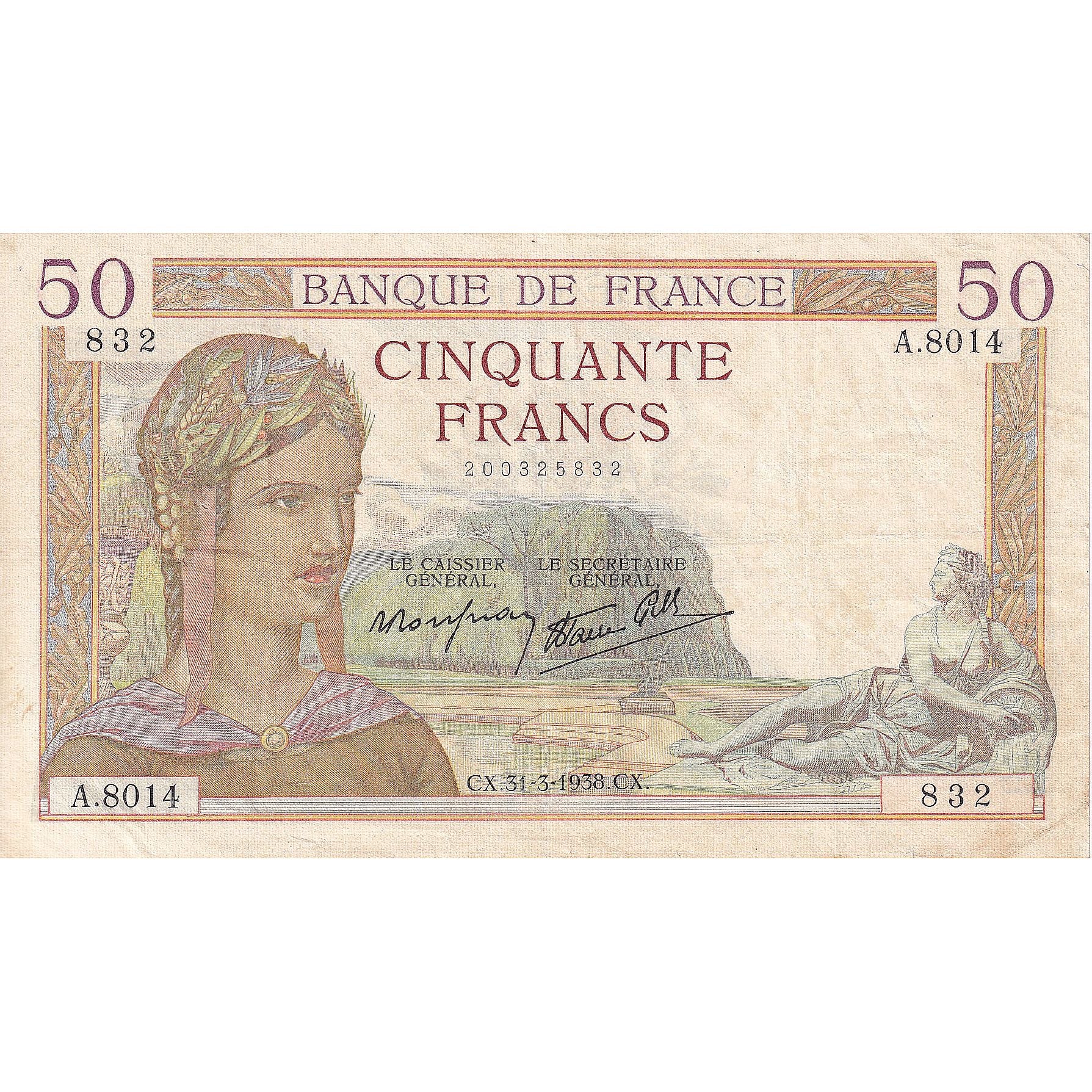 Francja, 50 Francs, Cérès, 1938, A.8014, EF(40-45), Fayette:18.11, KM:85b