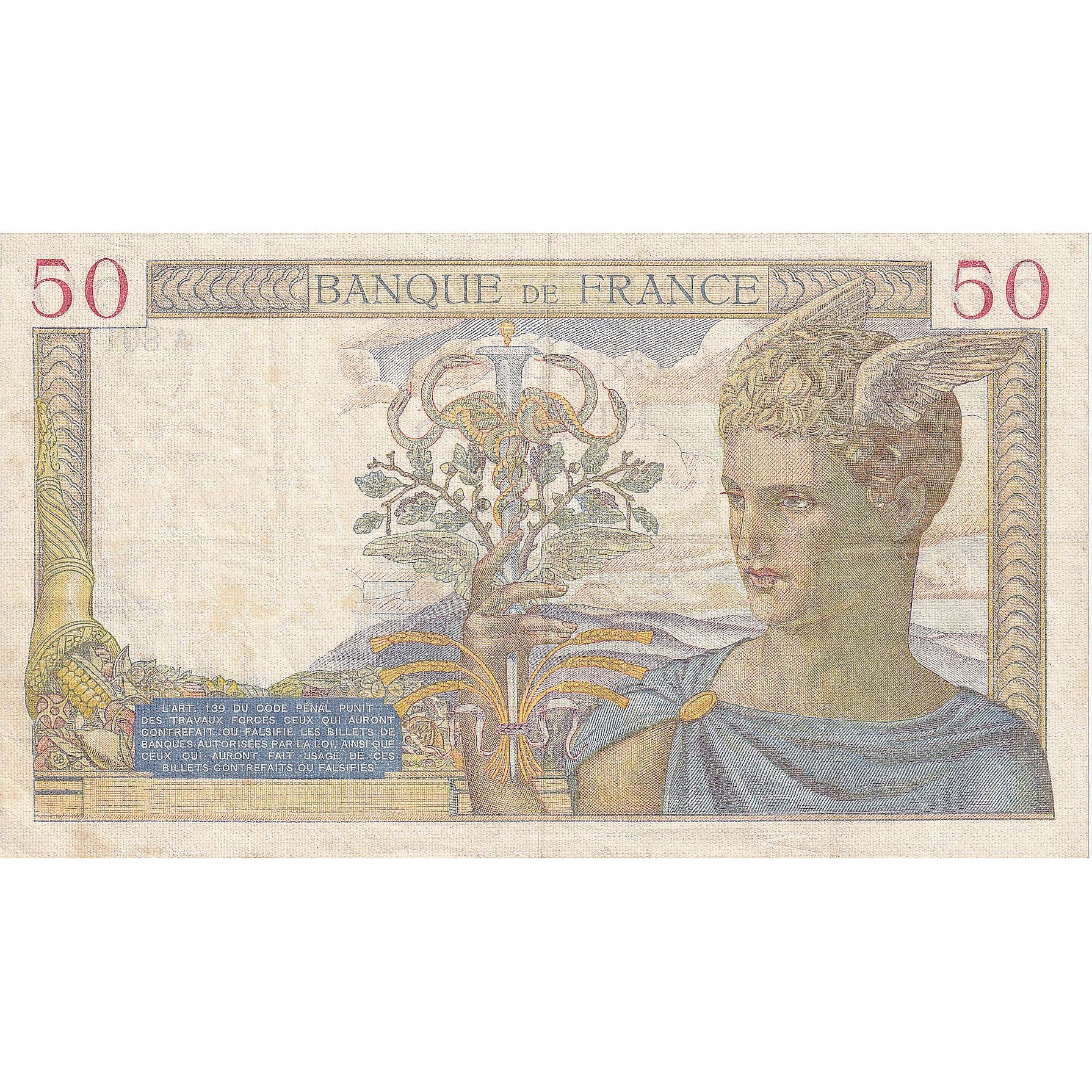 Francja, 50 Francs, Cérès, 1938, A.8014, EF(40-45), Fayette:18.11, KM:85b