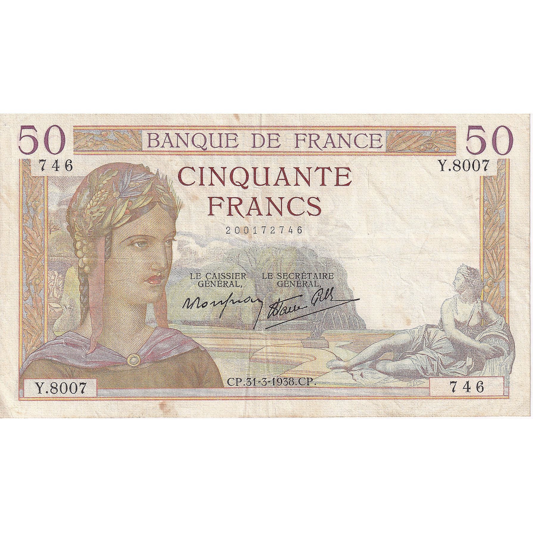 France, 50 Francs, Cérès, 1938, Y.8007, EF(40-45), Fayette:18.11, KM:85b