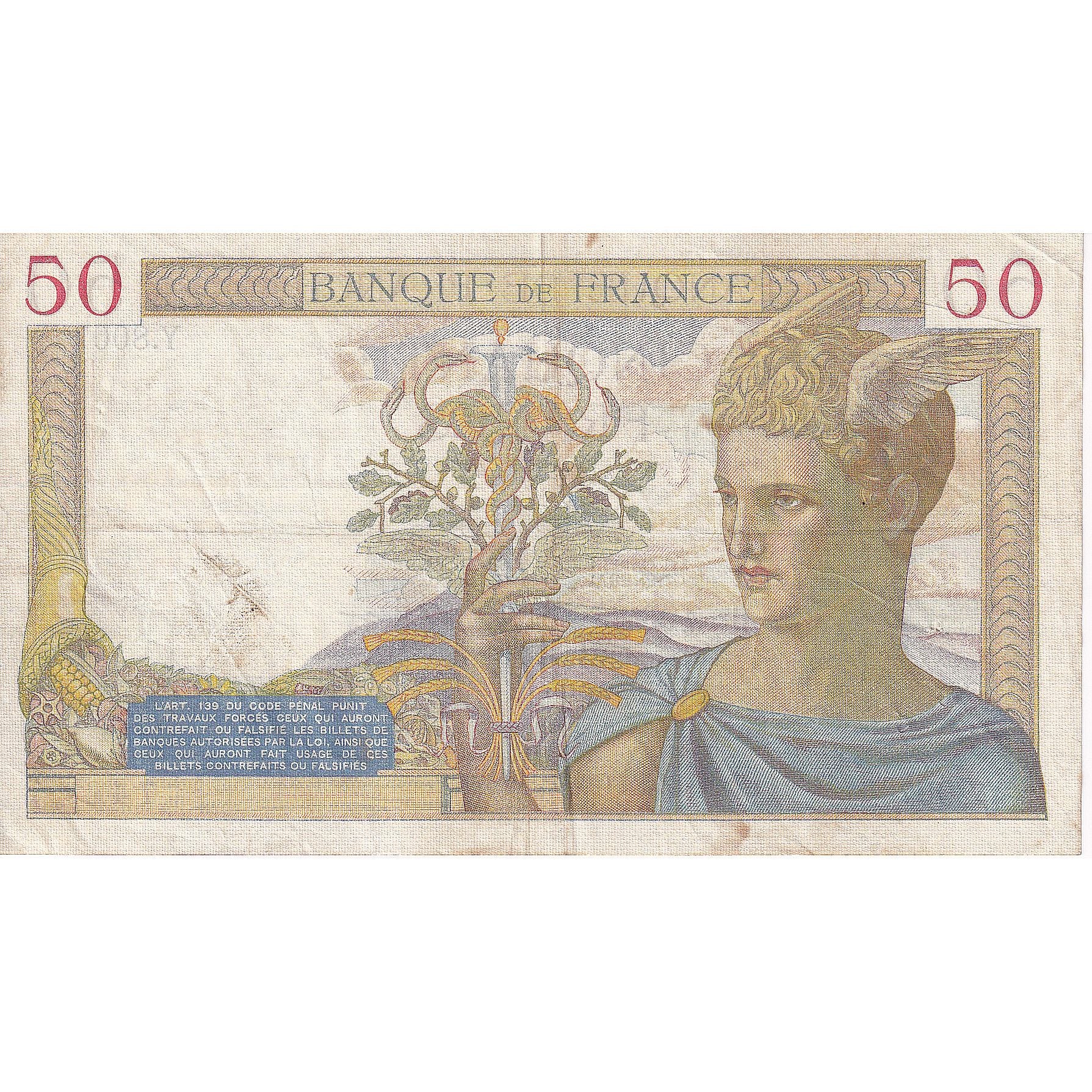 France, 50 Francs, Cérès, 1938, Y.8007, EF(40-45), Fayette:18.11, KM:85b