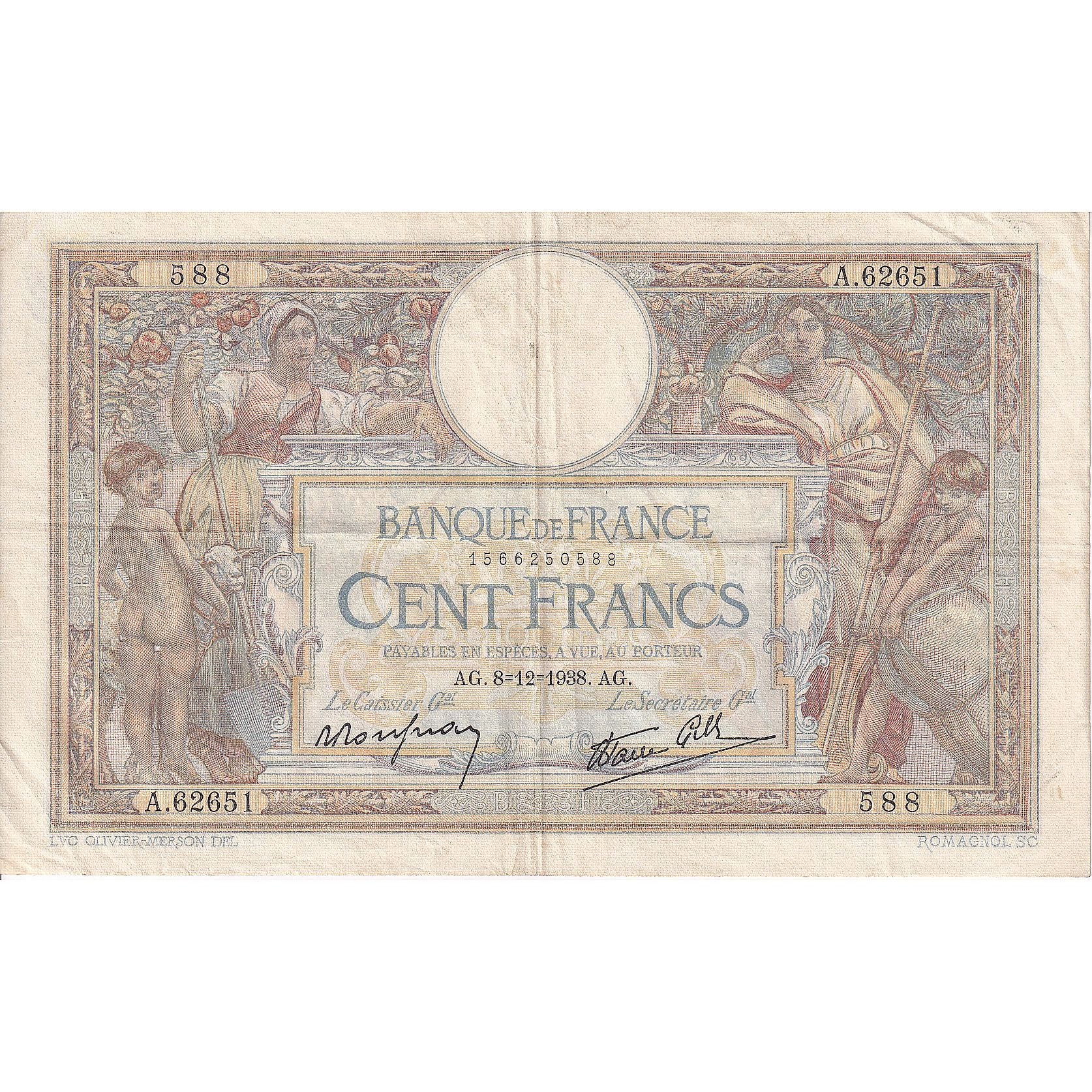 Francia, 100 Francs, Luc Olivier Merson, 1938, A.62651, MBC, Fayette:25.36