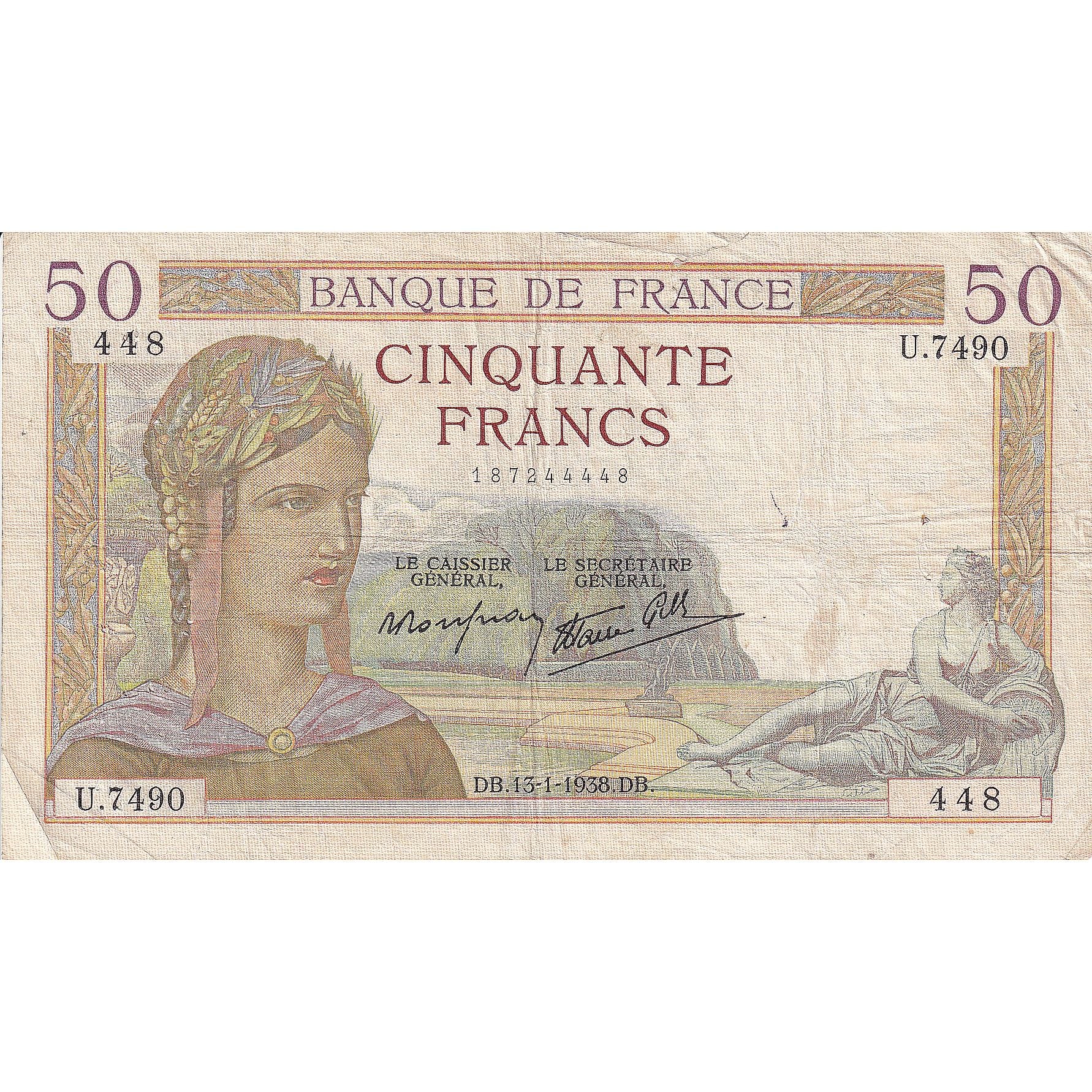 Francja, 50 Francs, Cérès, 1938, U.7490, VF(20-25), Fayette:18.7, KM:85b