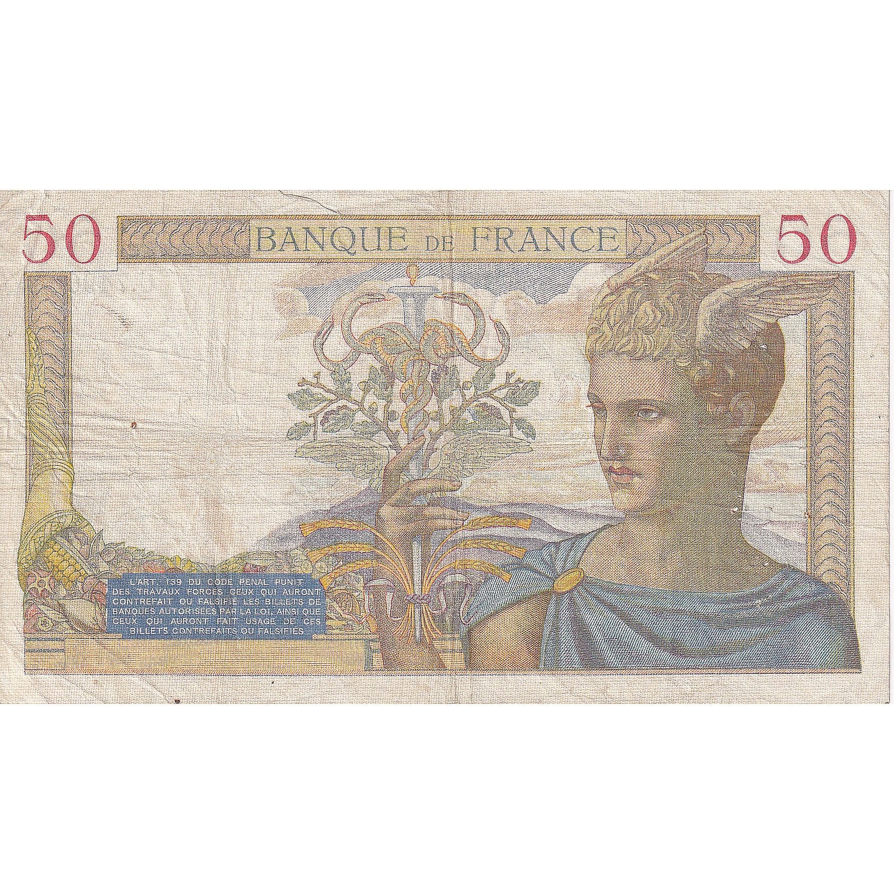 Francja, 50 Francs, Cérès, 1938, U.7490, VF(20-25), Fayette:18.7, KM:85b