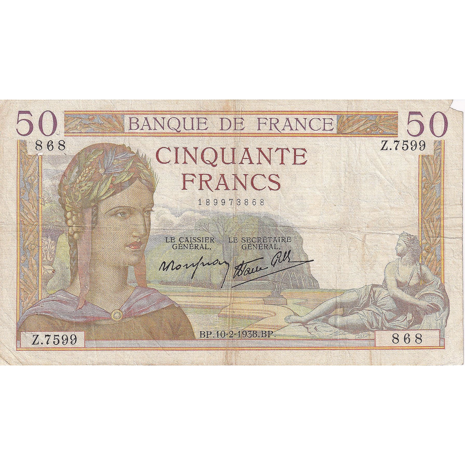 France, 50 Francs, Cérès, 1938, Z.7599, TB, Fayette:18.08, KM:85b