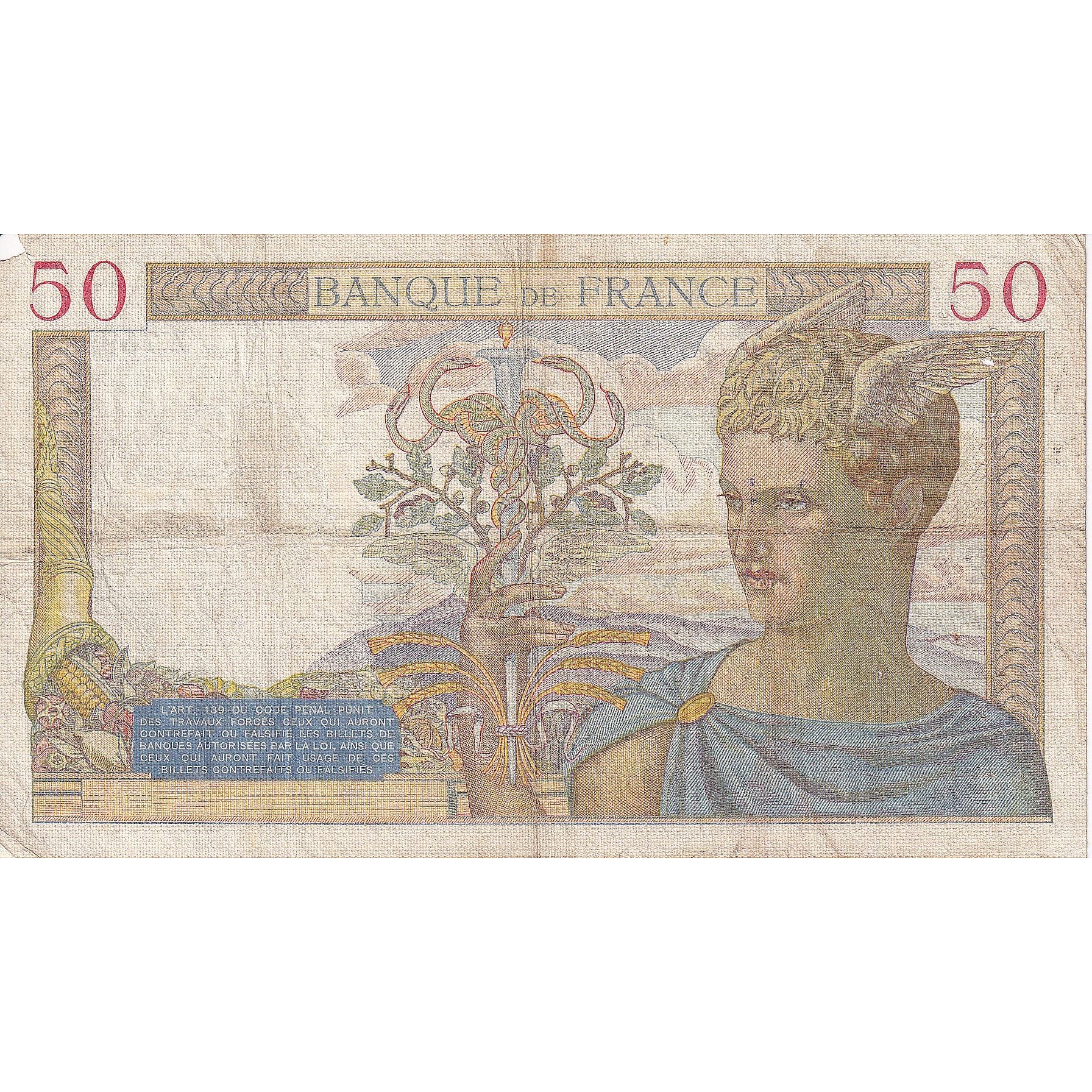 France, 50 Francs, Cérès, 1938, Z.7599, TB, Fayette:18.08, KM:85b