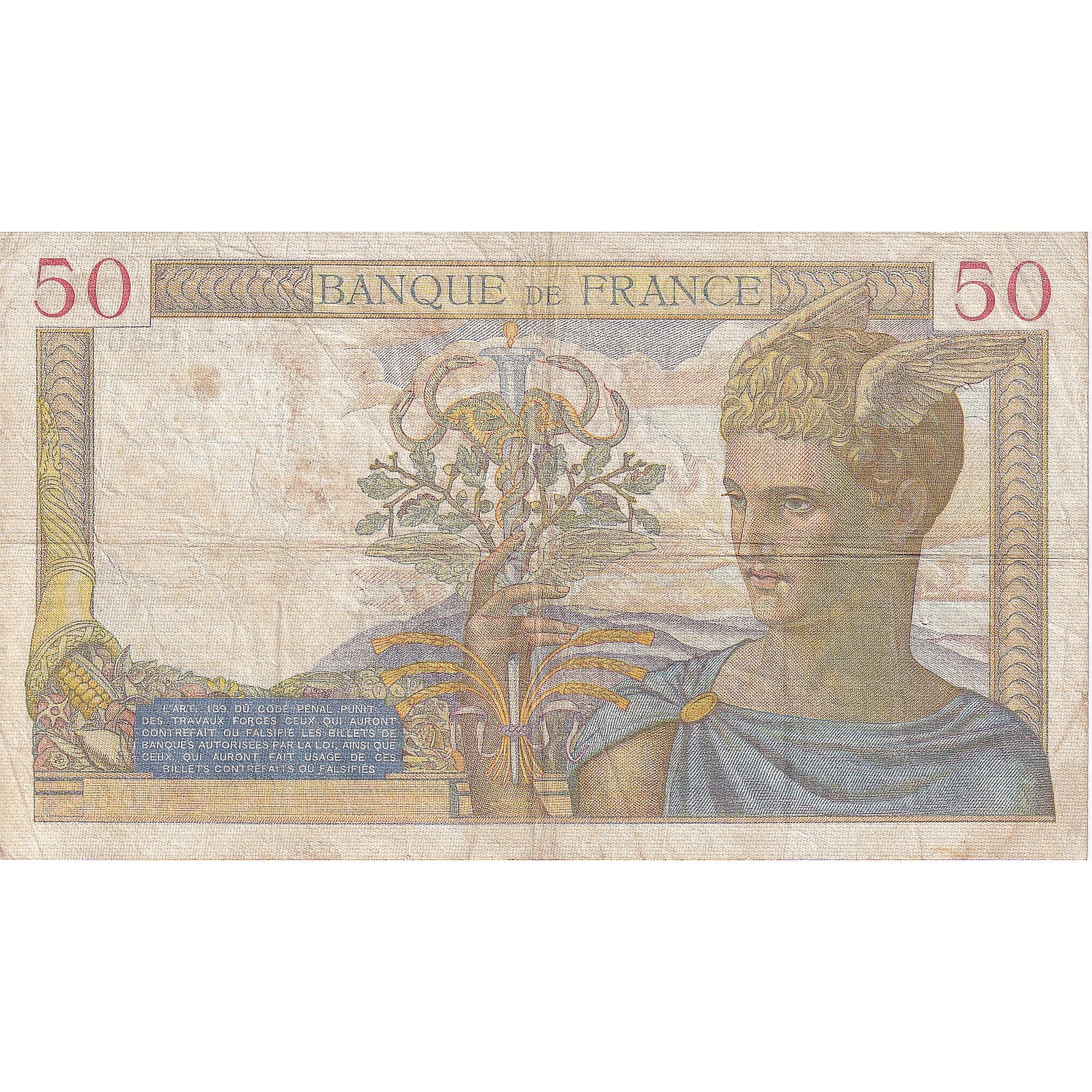 France, 50 Francs, Cérès, 1939, Z.10504, TB, Fayette:18.27, KM:85b