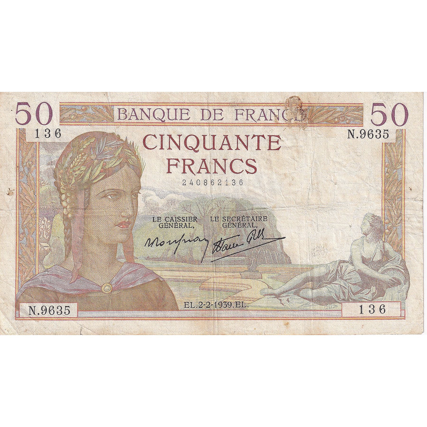 Francia, 50 Francs, Cérès, 1939, N.9635, MB+, Fayette:18.21, KM:85b
