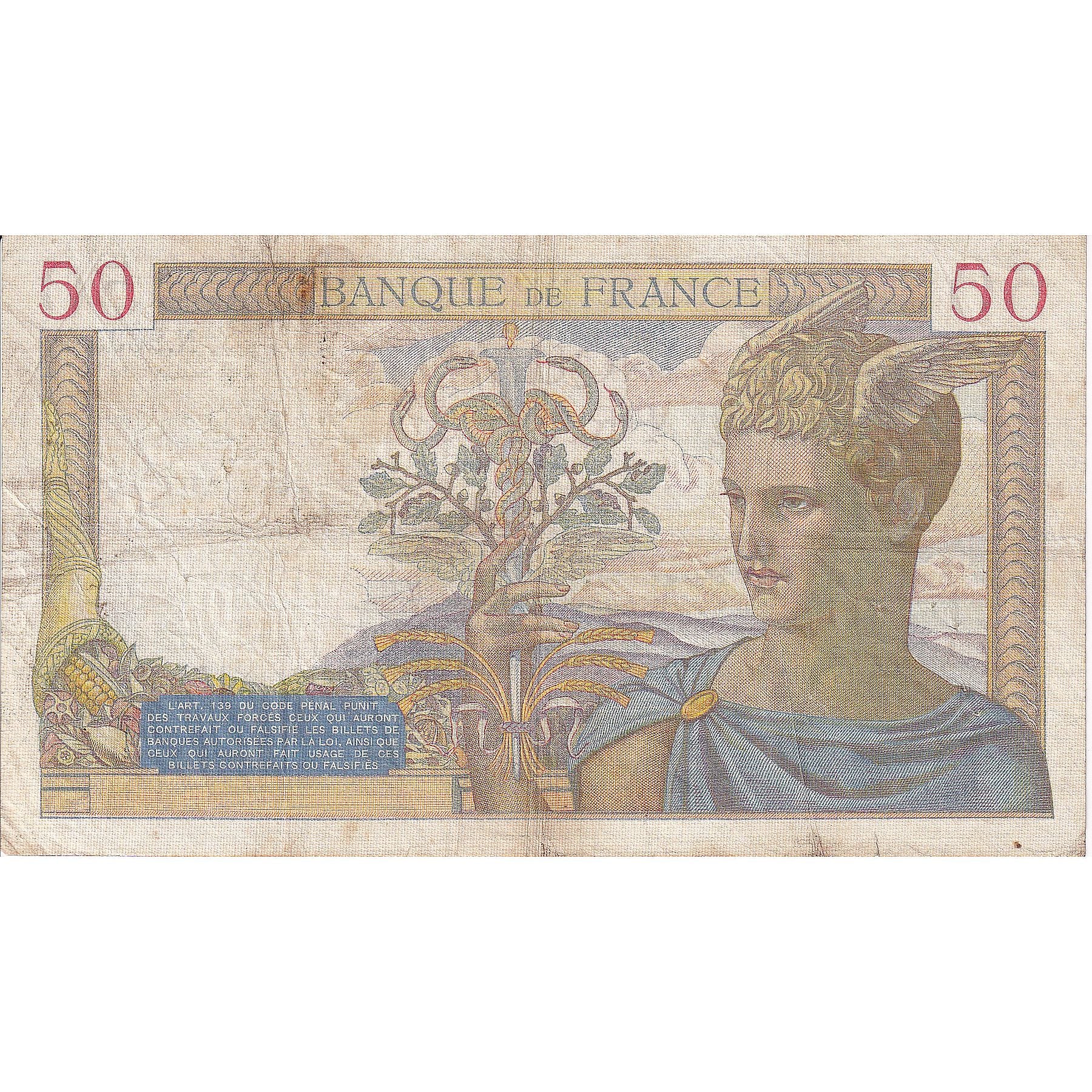 Francia, 50 Francs, Cérès, 1939, N.9635, MB+, Fayette:18.21, KM:85b