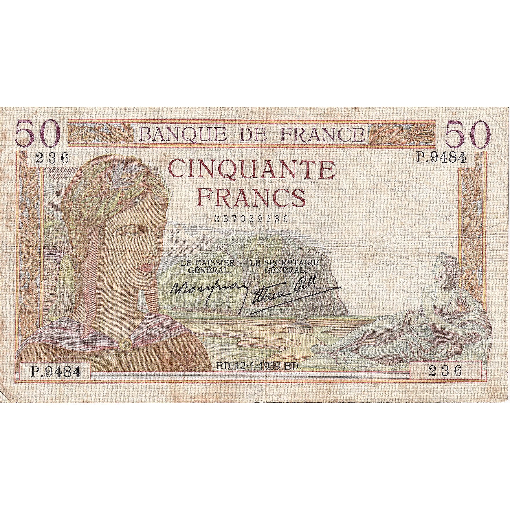 Frankrijk, 50 Francs, Cérès, 1939, P.9484, TB, Fayette:18.20, KM:85b