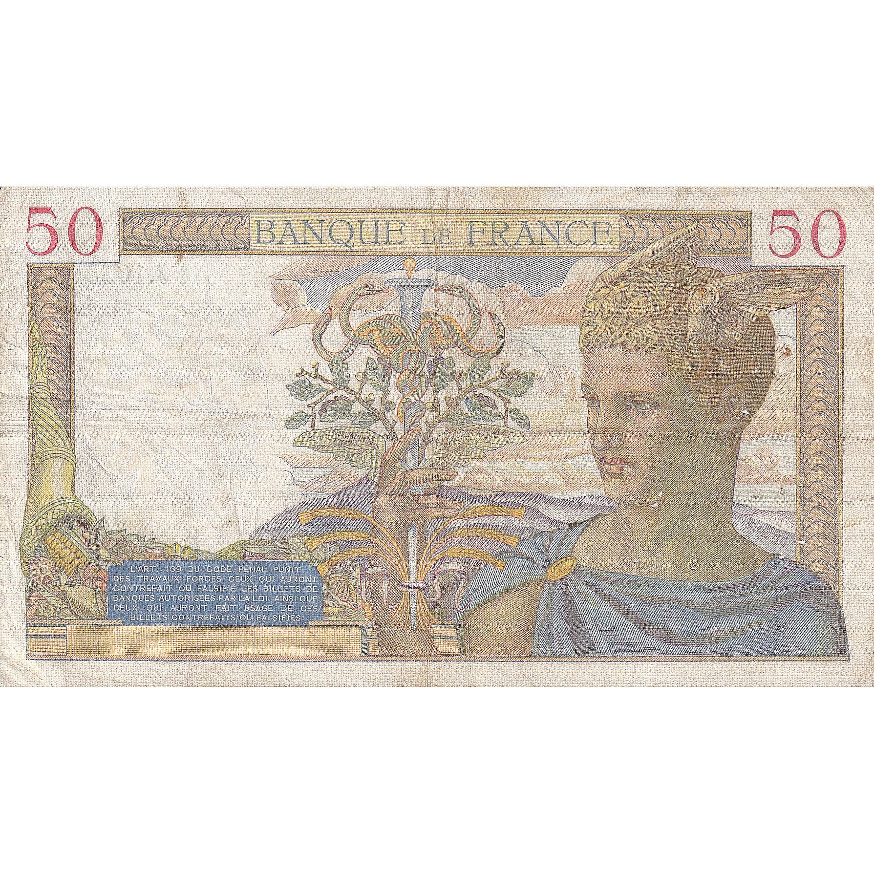 Frankrijk, 50 Francs, Cérès, 1939, J.10552, TTB, Fayette:18.28, KM:85b