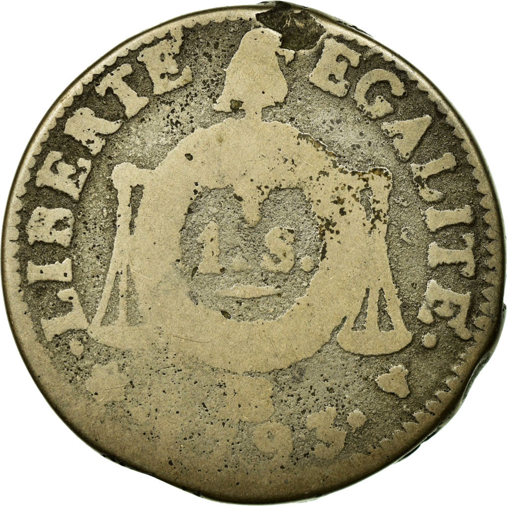 Coin, France, Sol aux balances françoise, Sol, 1793, Strasbourg, VG(8-10)