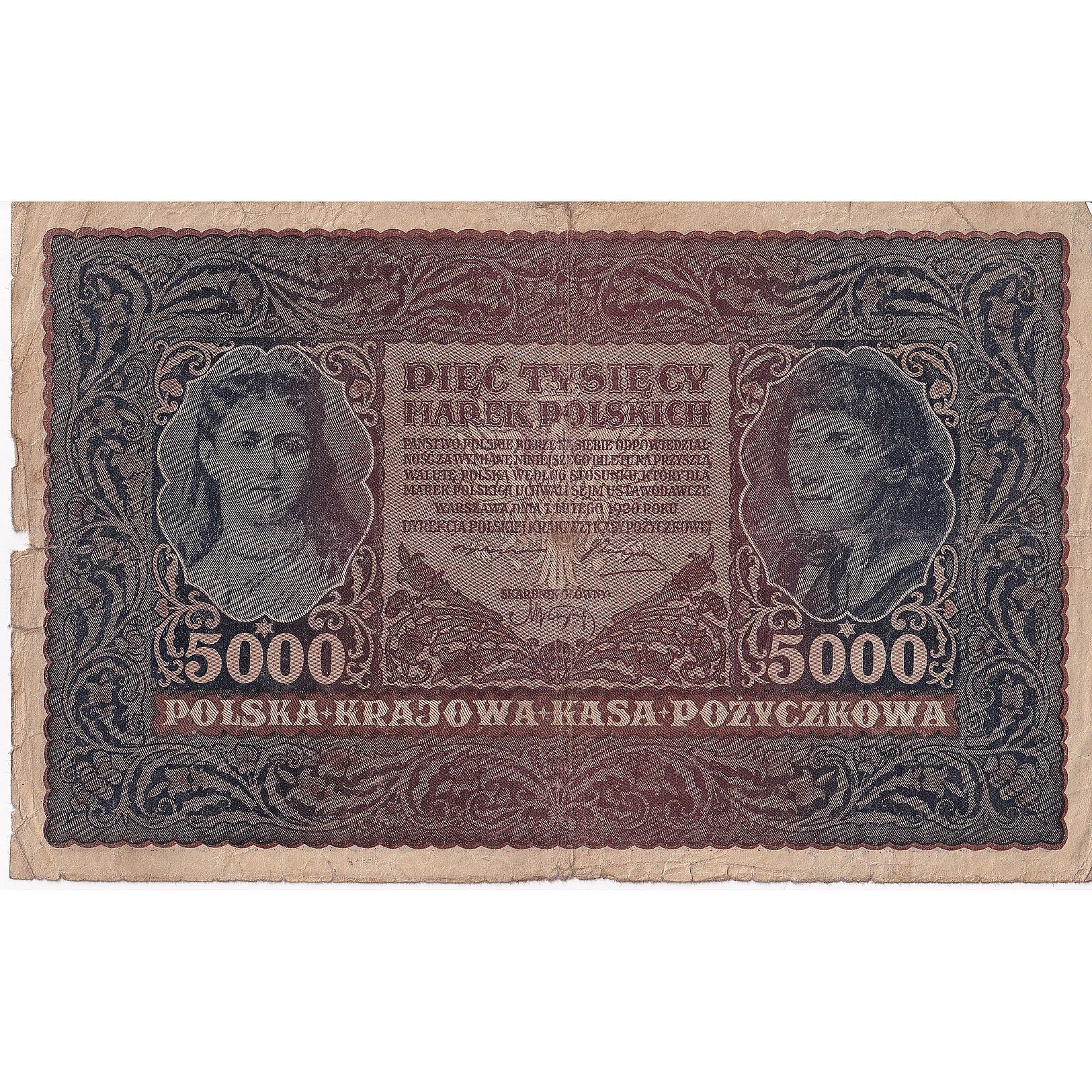 Poland, 5000 Marek, 1920, 1920-02-07, KM:31, VG(8-10)