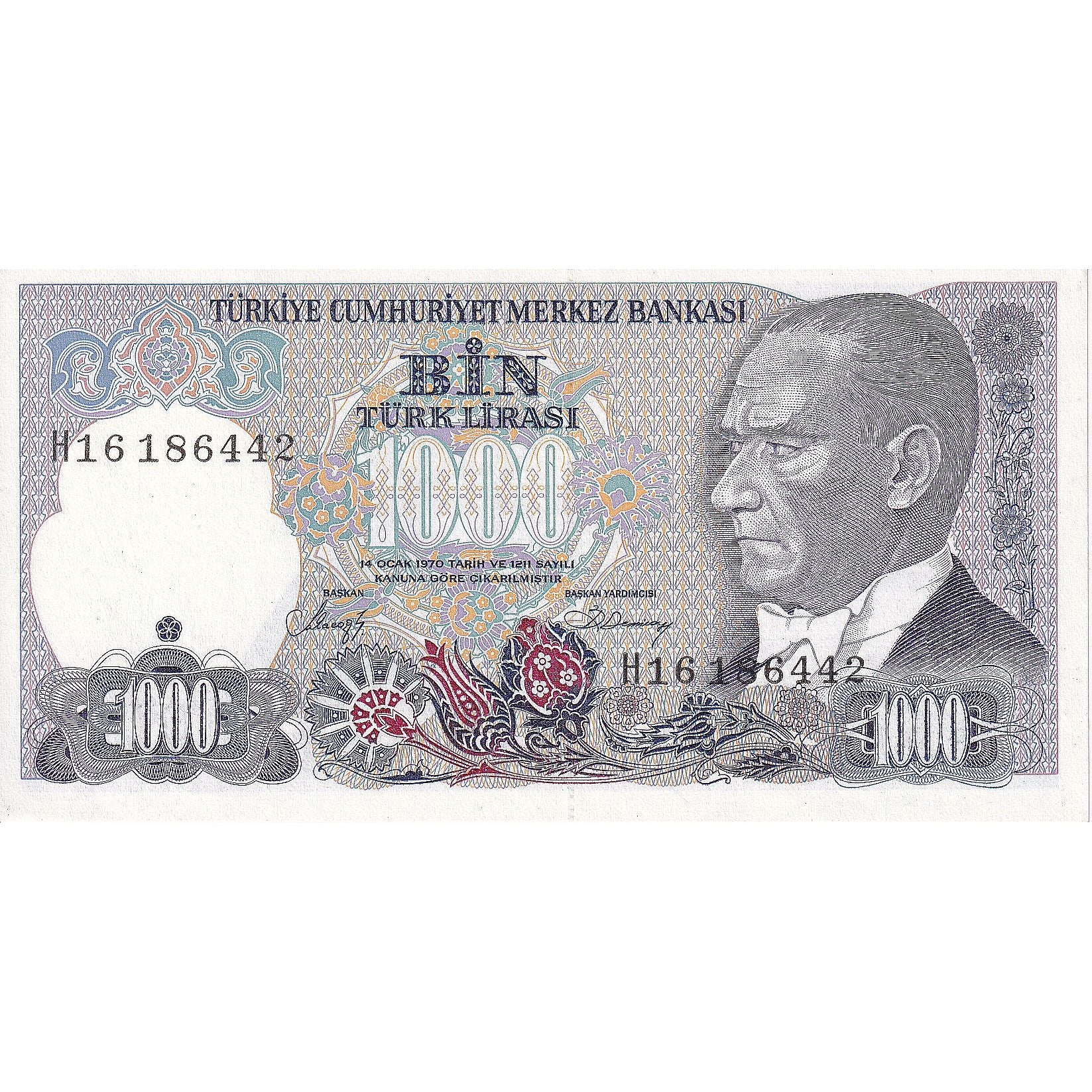 Turkey, 1000 Lira, L.1970, KM:196, UNC(65-70)