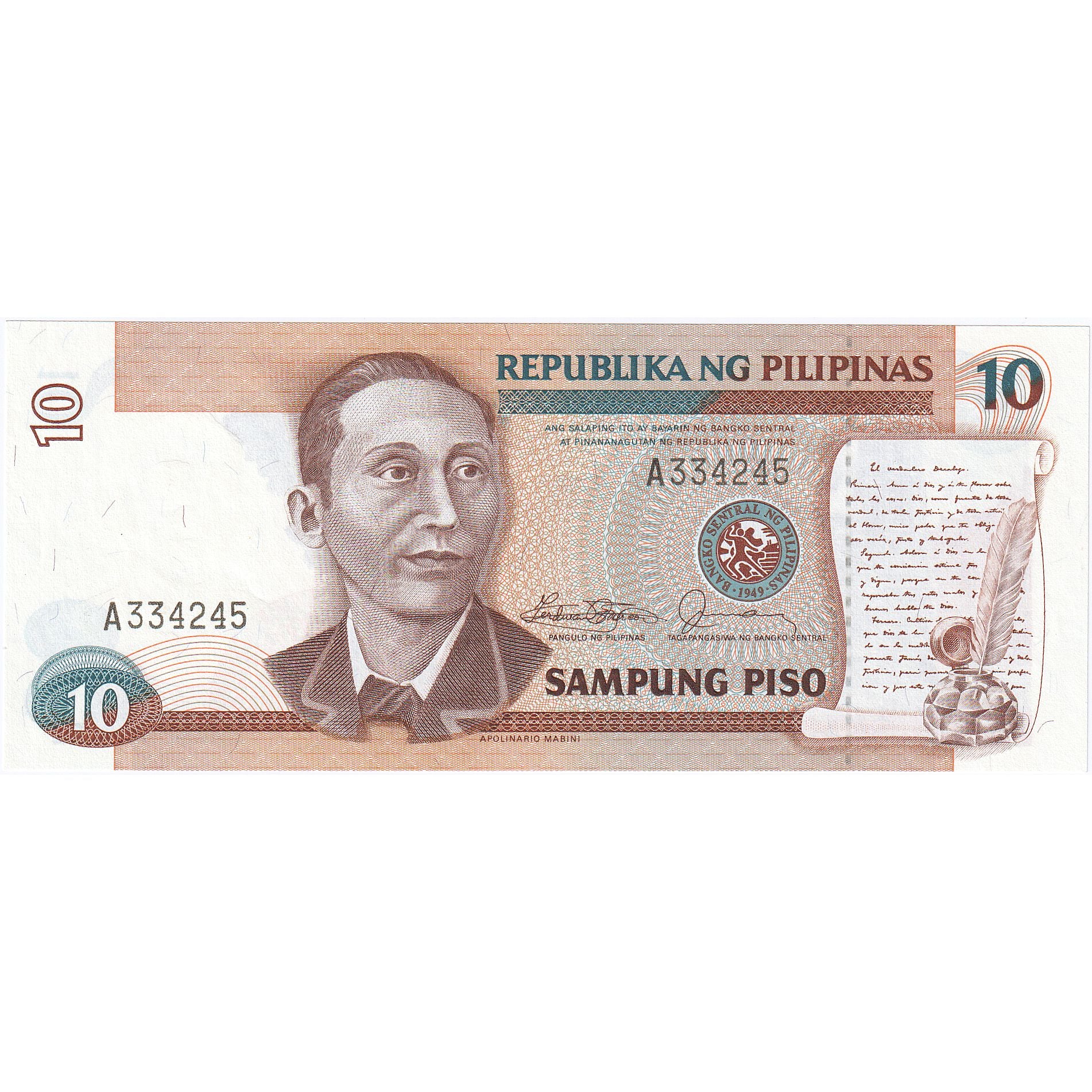 Filipinas, 10 Piso, KM:169b, UNC(65-70)