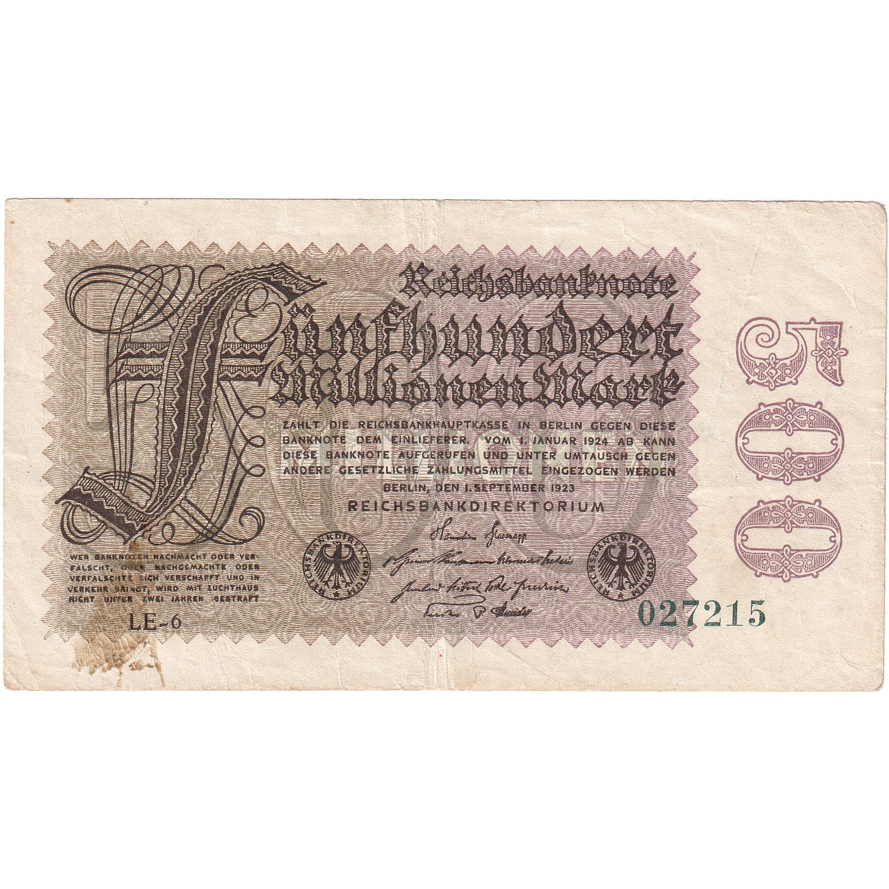 Germany, 500 Millionen Mark, 1923, 1923-09-01, KM:110a, VF(20-25)