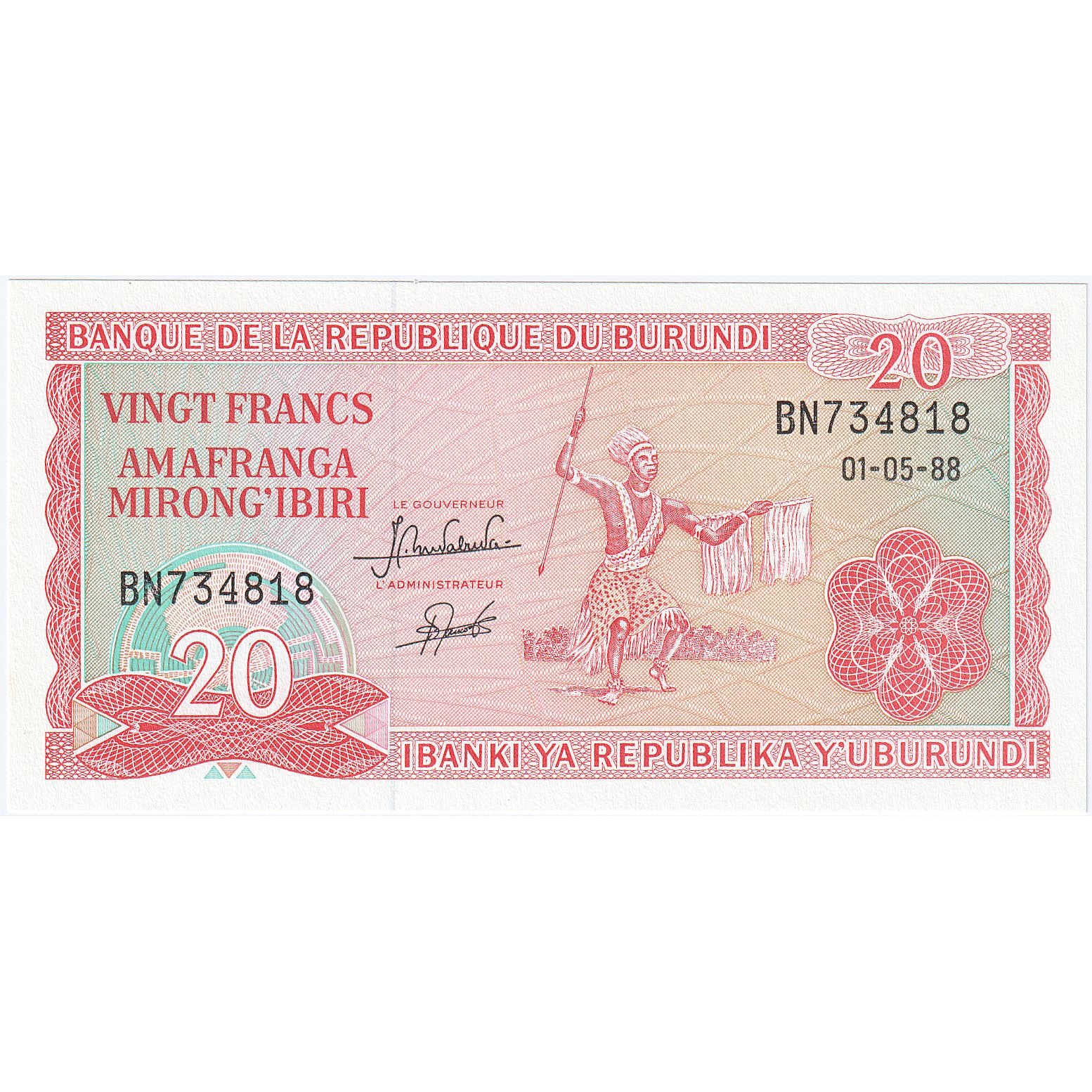 Burundi, 20 Francs, 1988, 1988-05-01, KM:27b, UNC(65-70)
