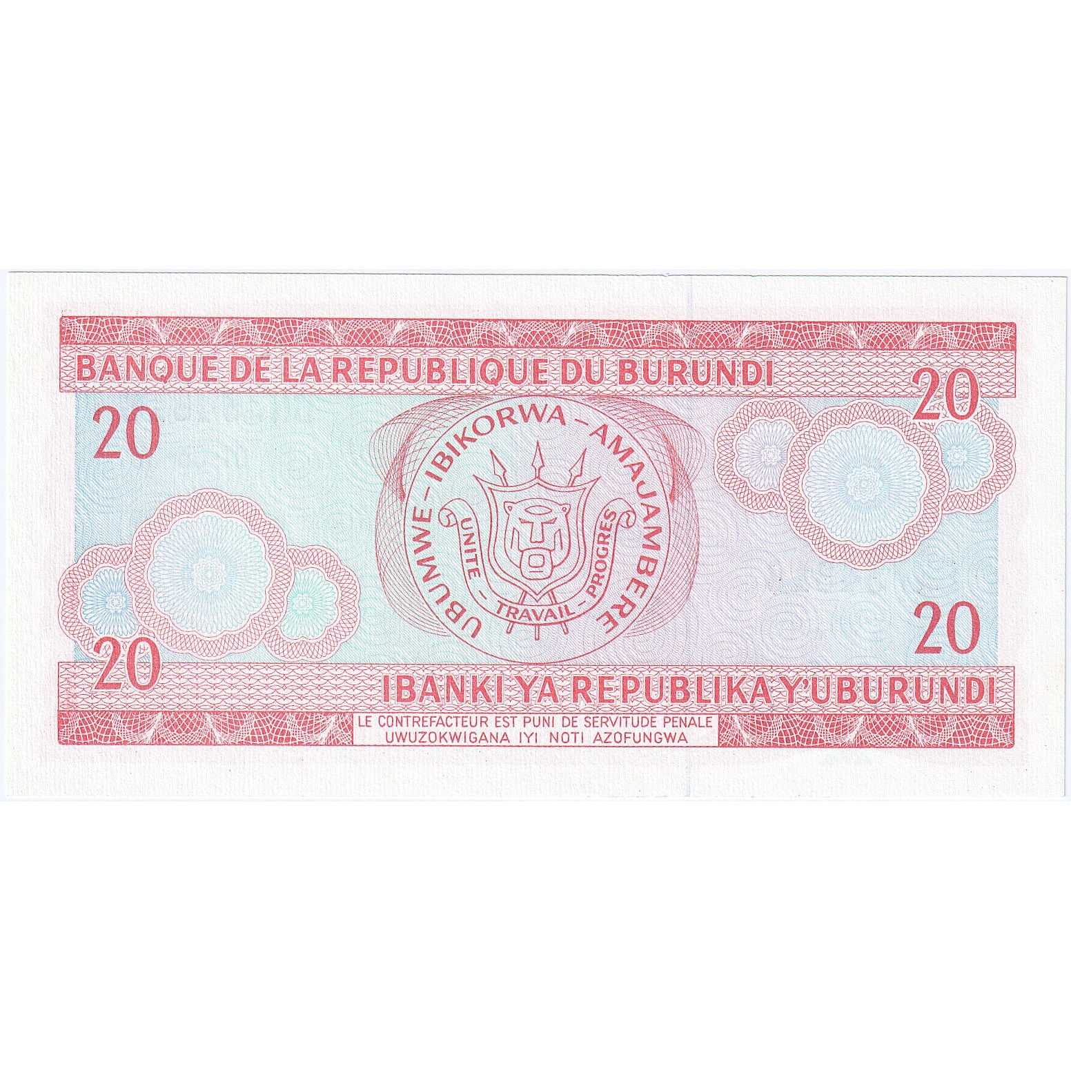 Burundi, 20 Francs, 1988, 1988-05-01, KM:27b, UNC(65-70)