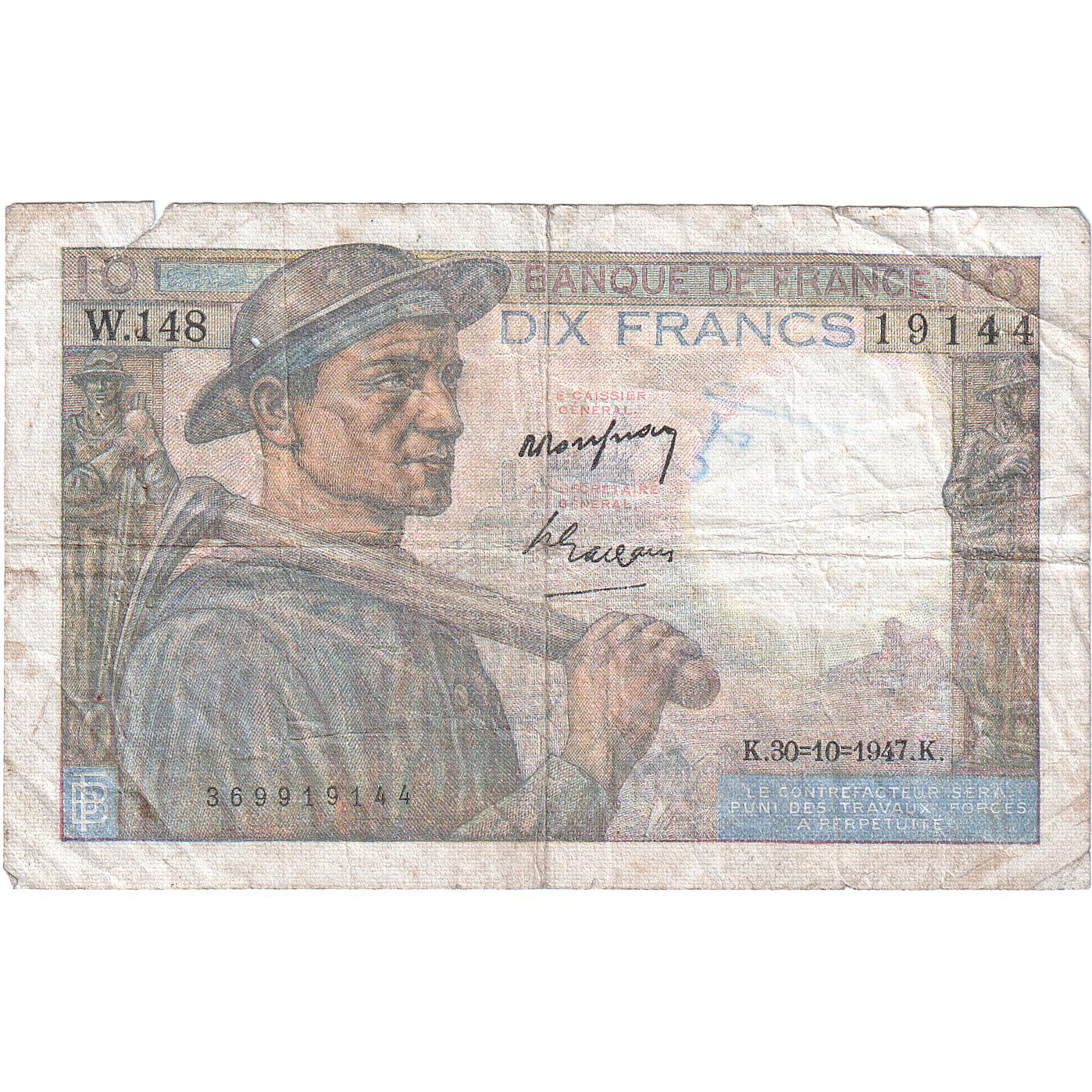 France, 10 Francs, Mineur, 1947, W.148, VG(8-10), Fayette:8.18, KM:99f