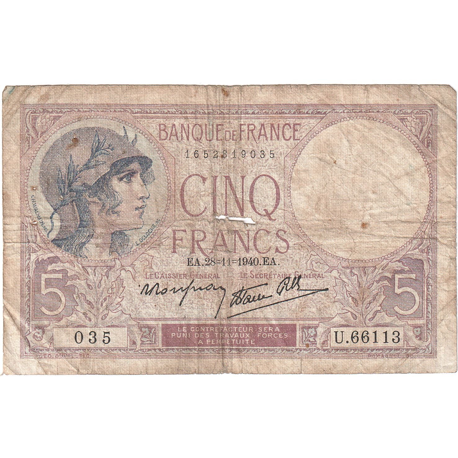 Francia, 5 Francs, Violet, 1940-11-28, U.66113, B