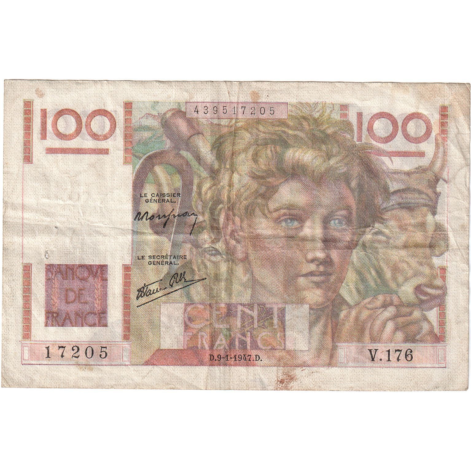 França, 100 Francs, Jeune Paysan, 1947, V.176, VF(20-25), Fayette:28.13