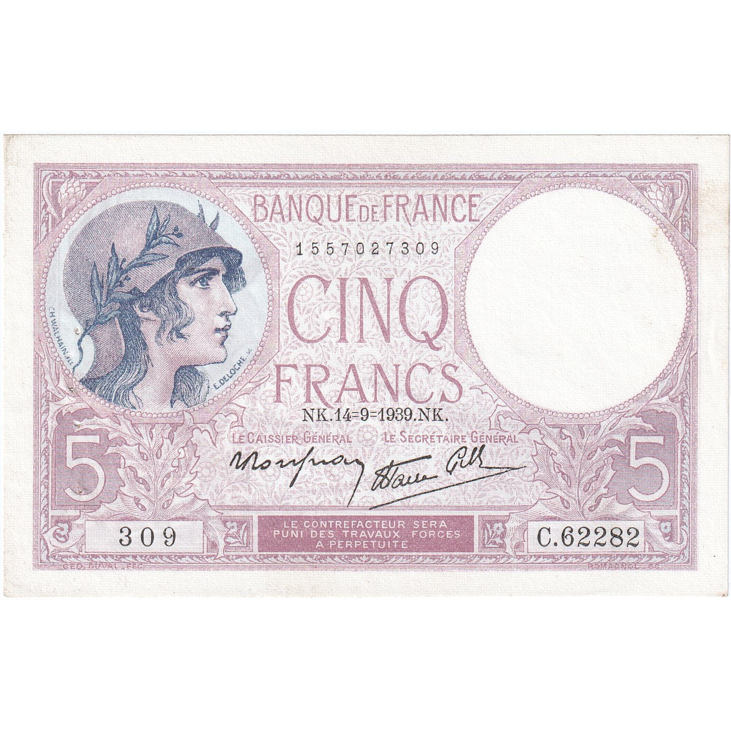 Frankrijk, 5 Francs, Violet, 1939, C.62282, SUP, Fayette:04.08, KM:83