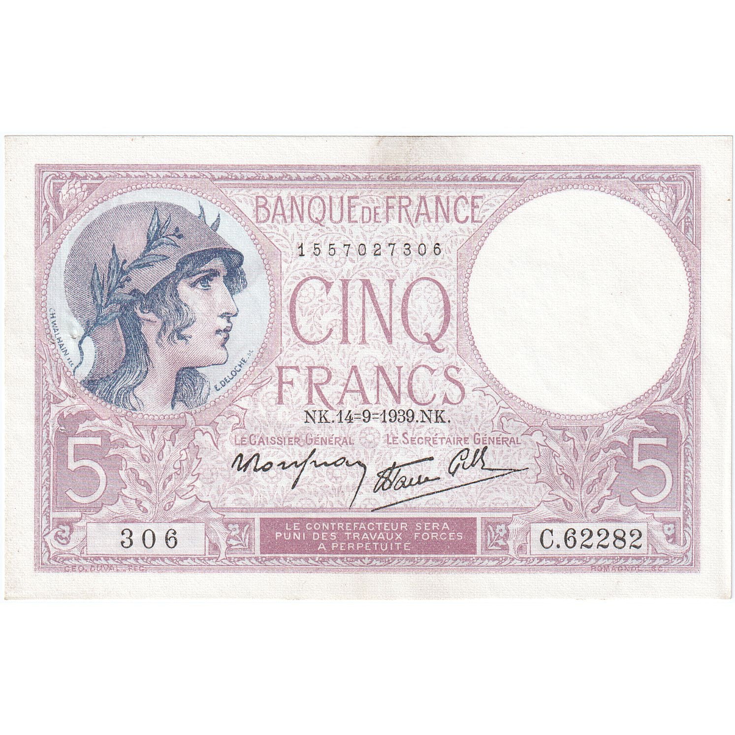 Francia, 5 Francs, Violet, 1939, C.62282, EBC, Fayette:04.08, KM:83