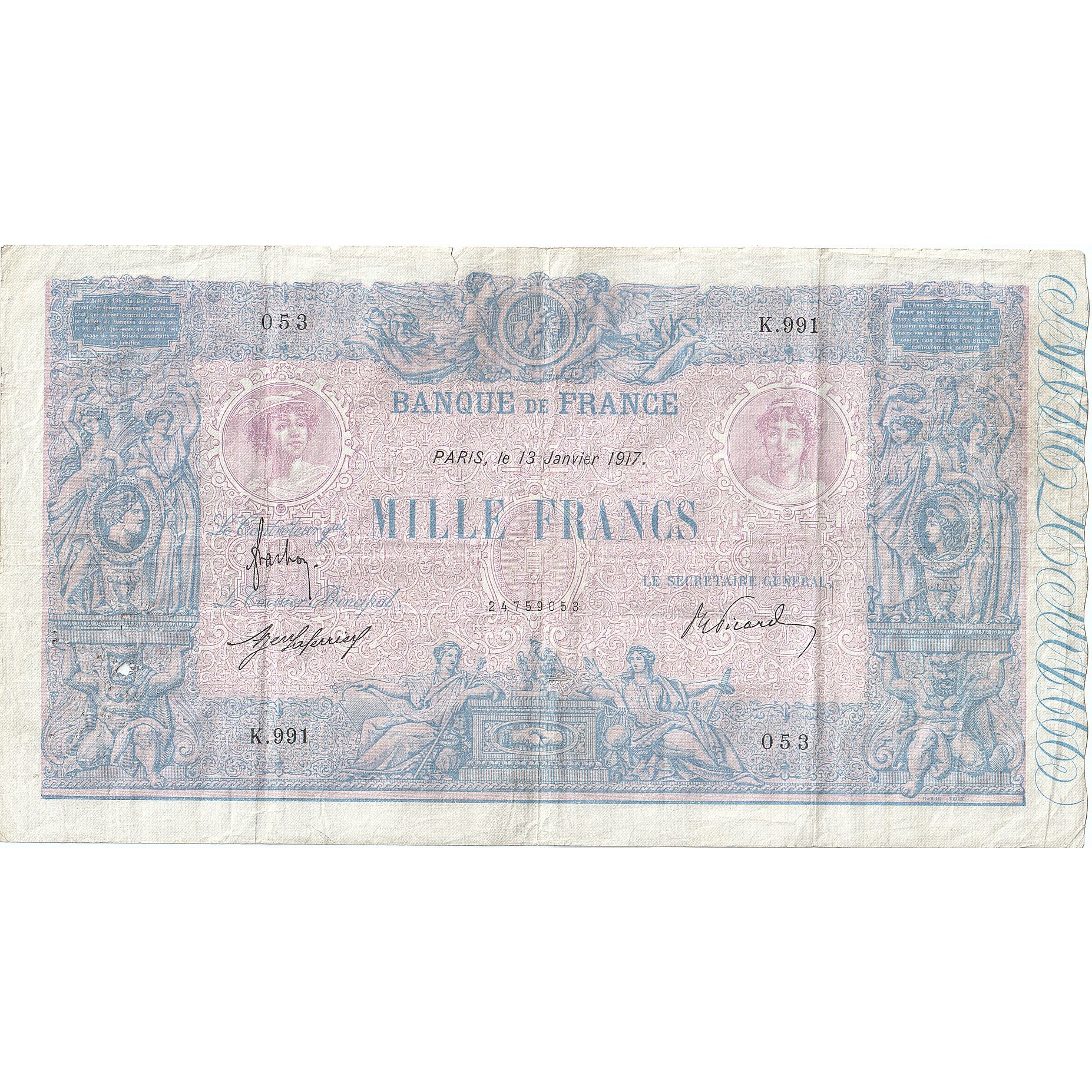 Frankrijk, 1000 Francs, Bleu et Rose, 1917-01-13, K.991, TB
