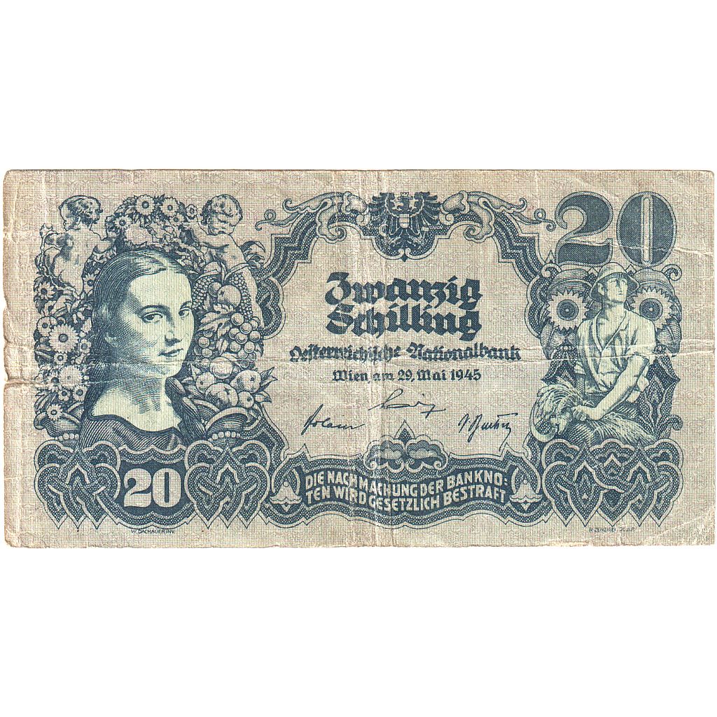 Austria, 20 Schilling, 1945-05-29, KM:116, VG(8-10)