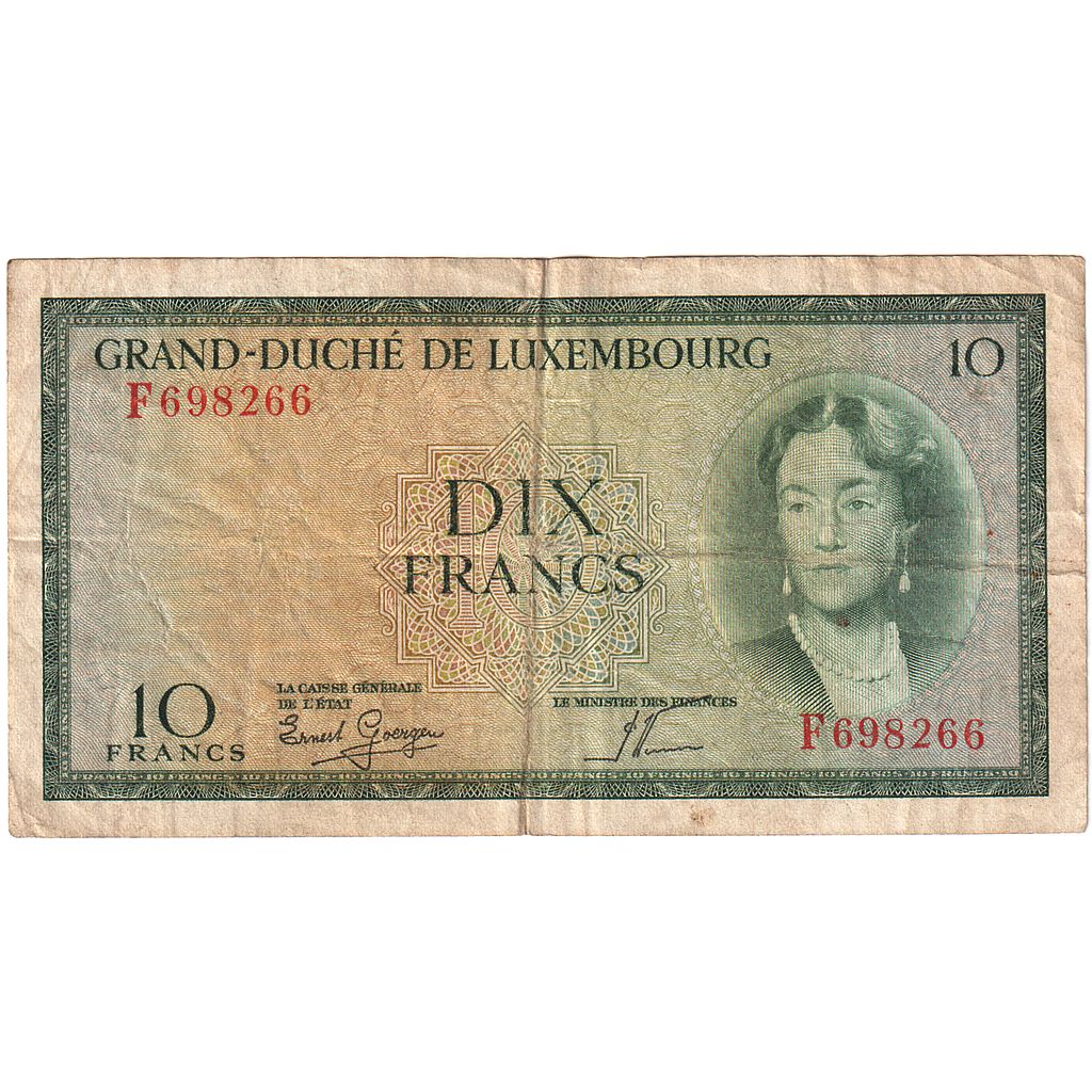 Luxembourg, 10 Francs, Undated (1954), KM:48a, VF(20-25)