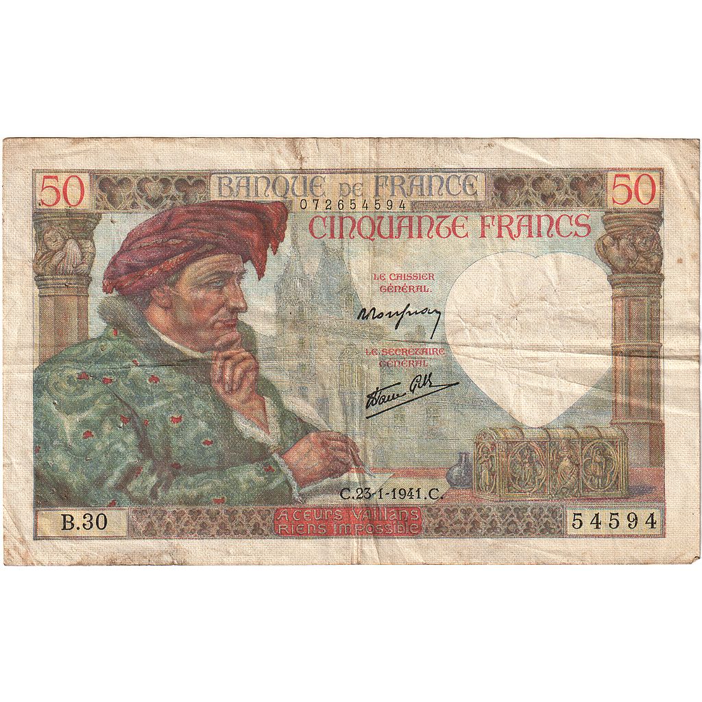 Frankrijk, 50 Francs, Jacques Coeur, 1941, B.30, TB, Fayette:19.5, KM:93