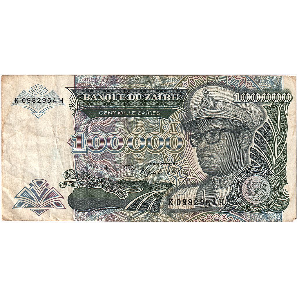 Zaire, 100,000 Zaïres, 1992, 1992-01-04, KM:41a, MB
