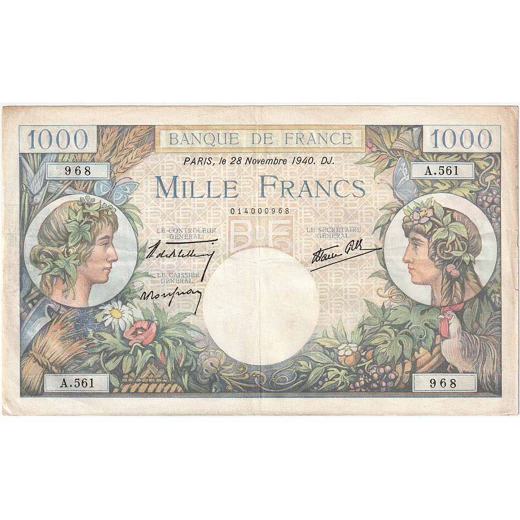 France, 1000 Francs, A.561, AU(55-58), Fayette:39.2, KM:96a