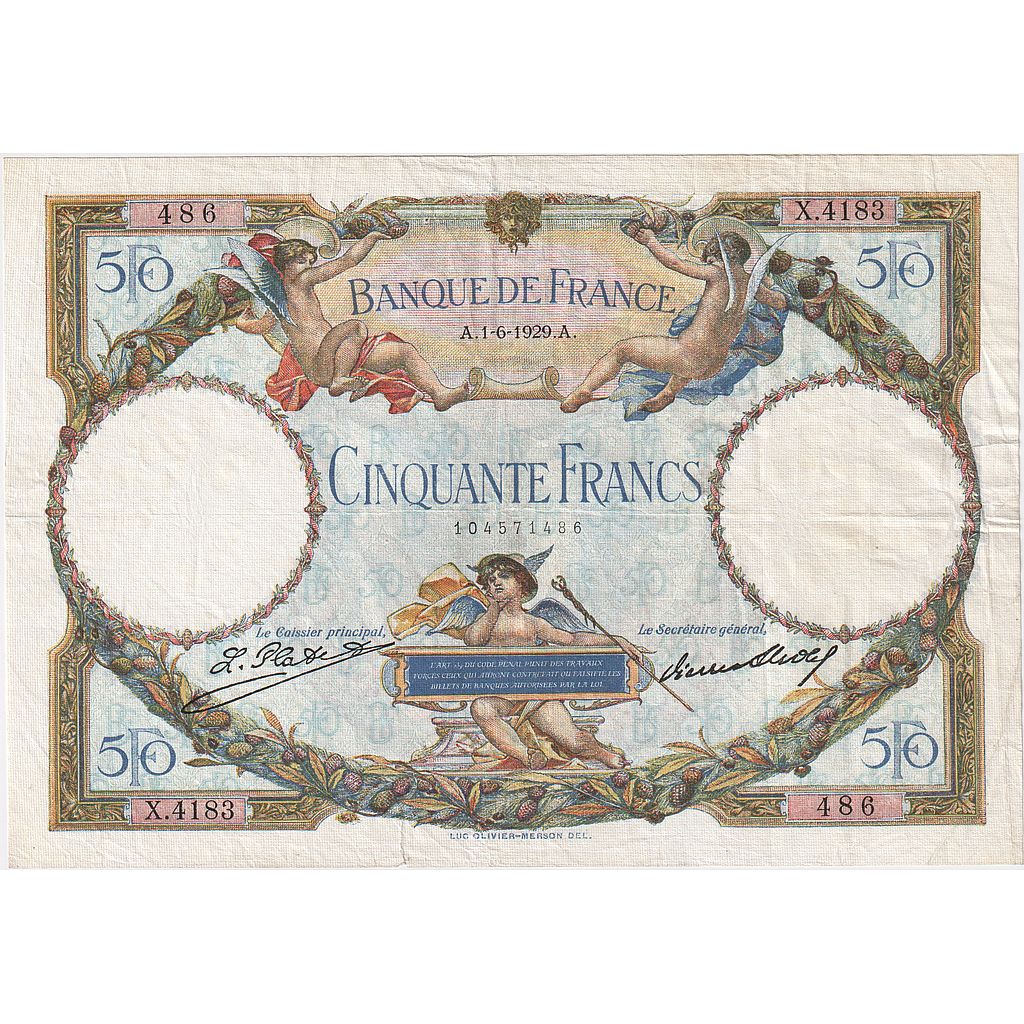 Francia, 50 Francs, Luc Olivier Merson, 1929, X.4183, MBC, Fayette:15.3, KM:77a