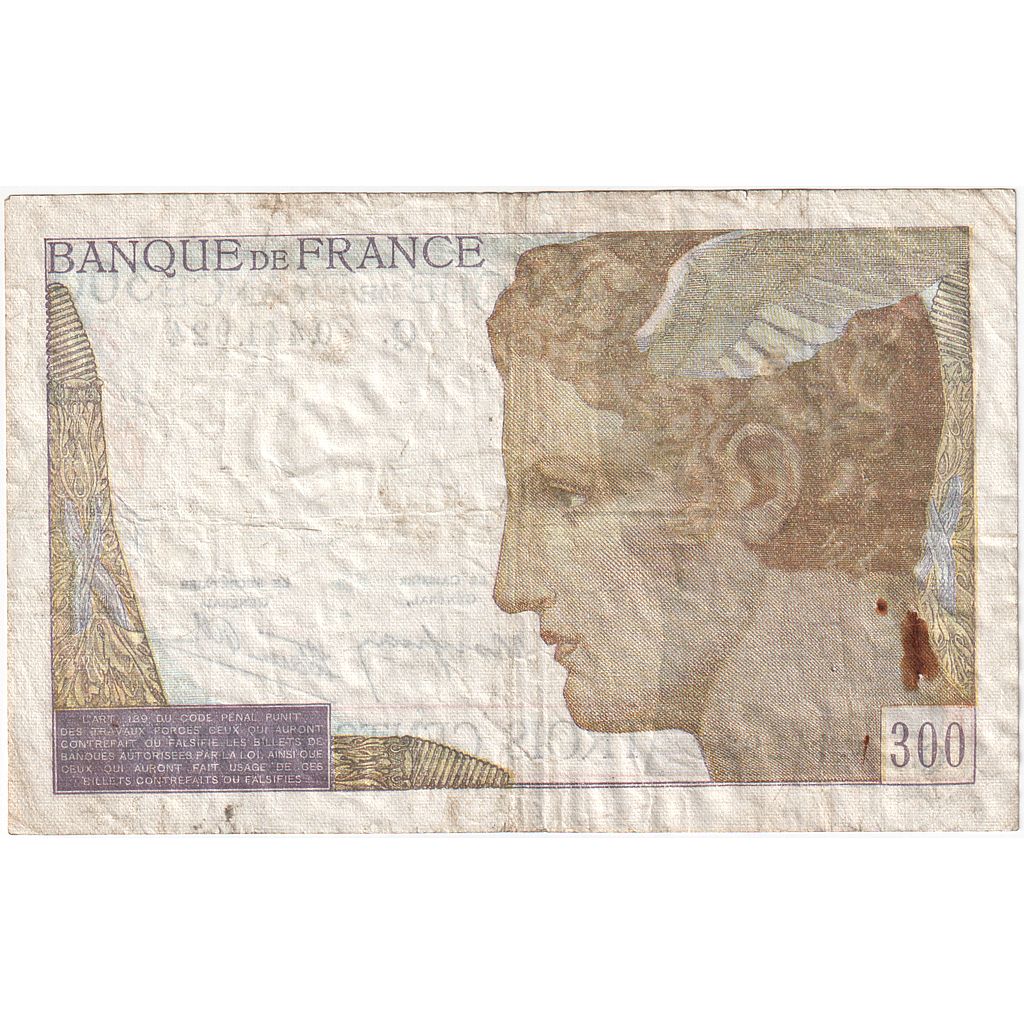 França, 300 Francs, Serveau, 1939, O.441.924, VF(20-25), Fayette:29.3, KM:87a