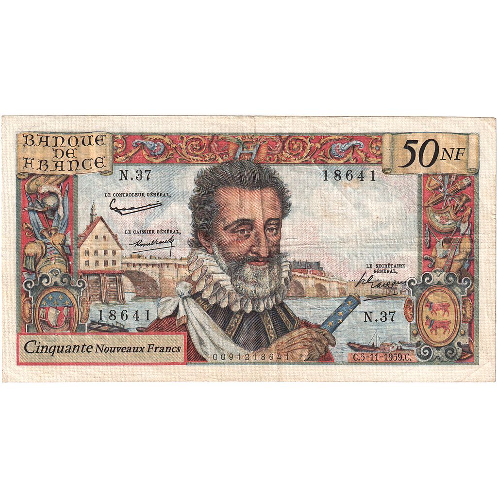 France, 50 Nouveaux Francs, Henri IV, 1959, N.37, TTB, Fayette:58.4, KM:143a