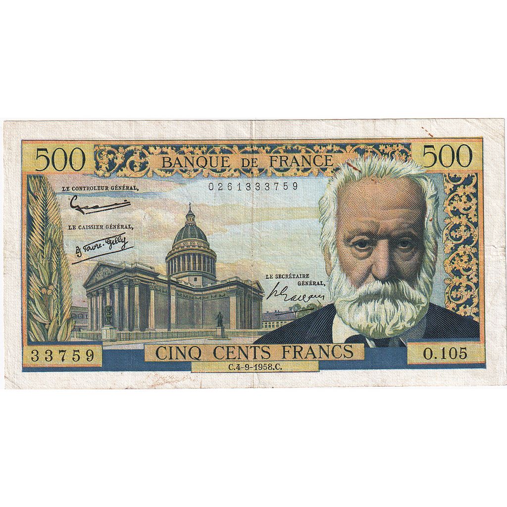 France, 500 Francs, Victor Hugo, 1958, O.105, TB, Fayette:35.10, KM:133b