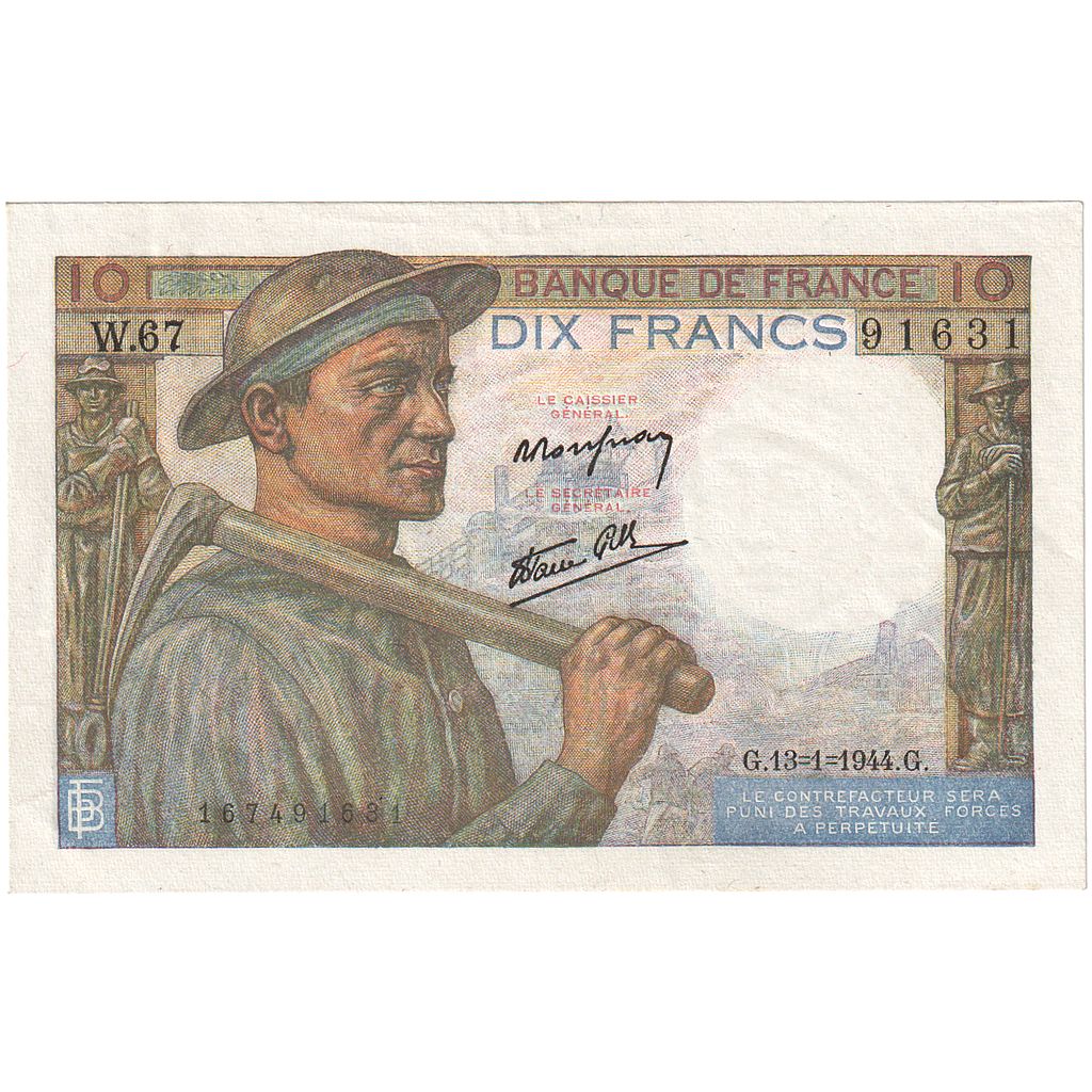 France, 10 Francs, Mineur, 1944, W.67, UNC(60-62), Fayette:8.10, KM:99e