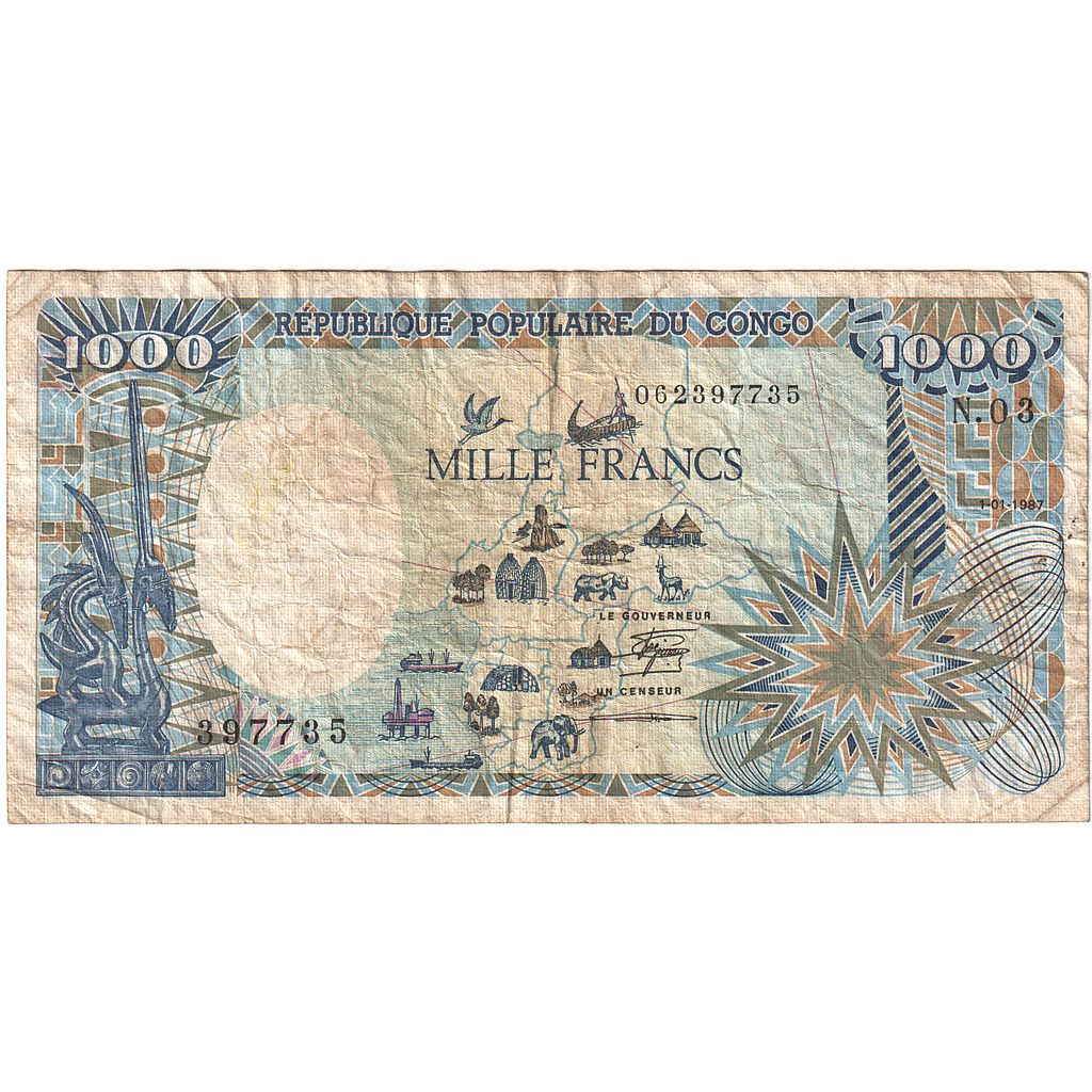 Congo Republic, 1000 Francs, 1987, 1987-01-01, KM:9, VF(20-25)