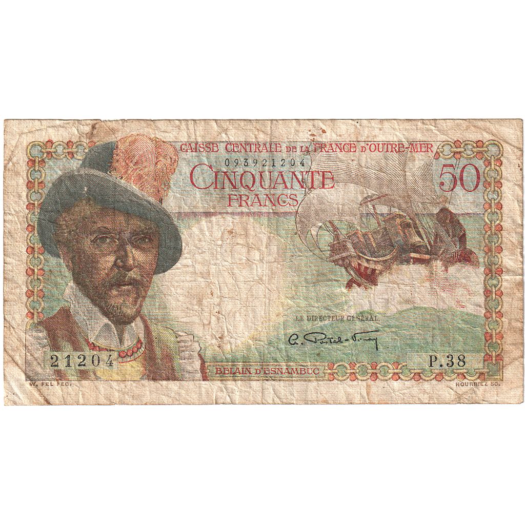 Guadalupe, 50 Francs, 1946, P.38, Belain d'Esnambuc, MB, KM:34