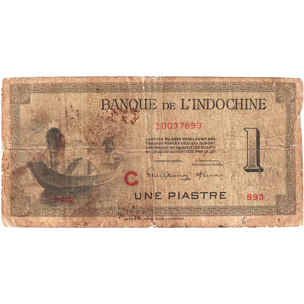 FRANCUSKIE INDOCHINY, 1 Piastre, 1945, KM:76a, VG(8-10)