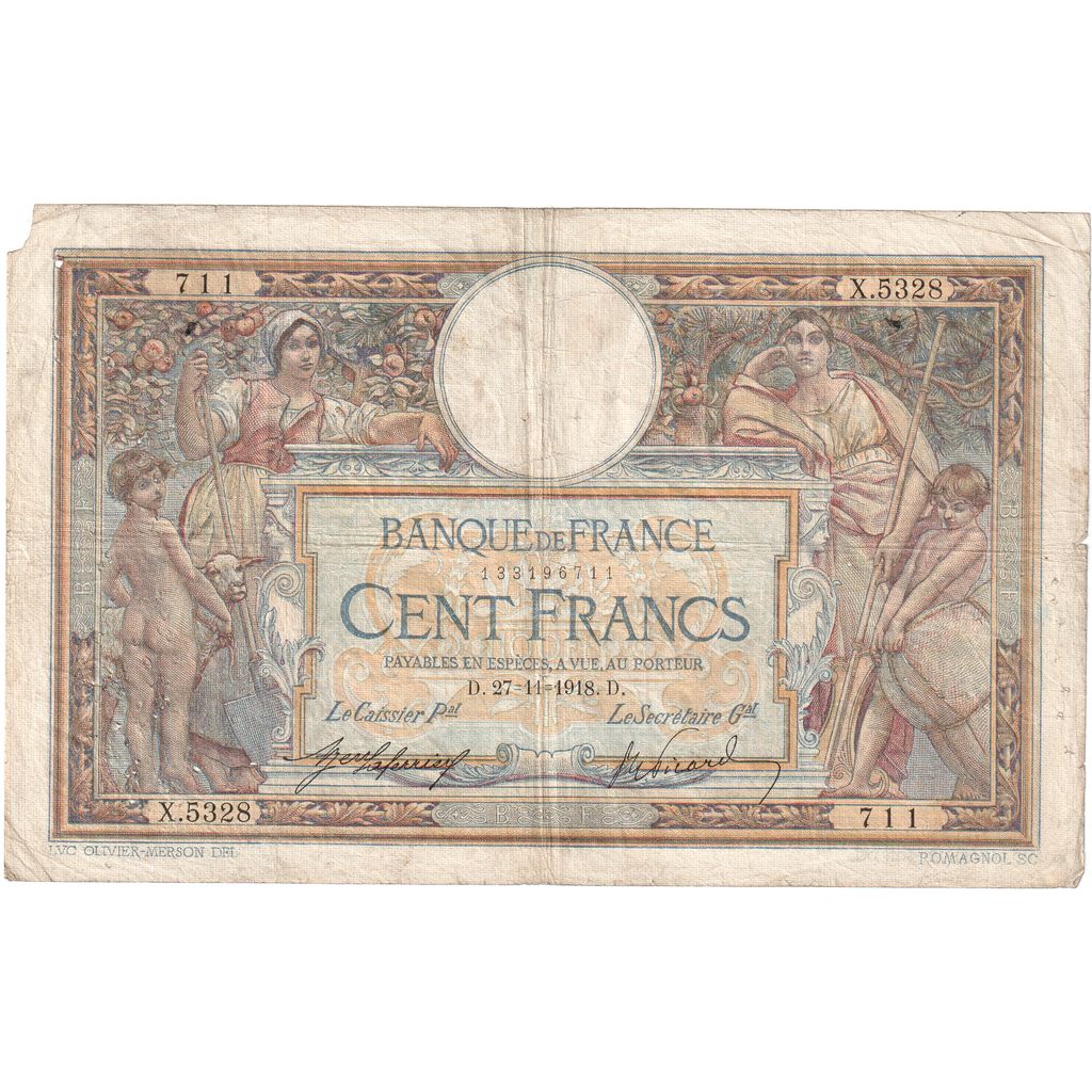 Francia, 100 Francs, Luc Olivier Merson, 1918, X.5328, MB+, Fayette:23.10