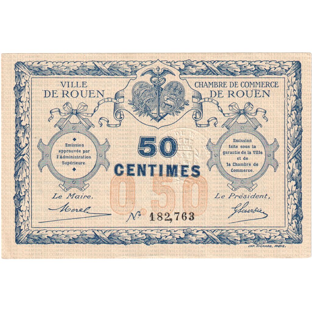 France, Rouen, 50 Centimes, 1916, Chambre de Commerce, AU(55-58), Pirot:110-18
