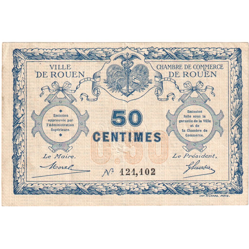 France, Rouen, 50 Centimes, 1916, Chambre de Commerce, EF(40-45), Pirot:110-18