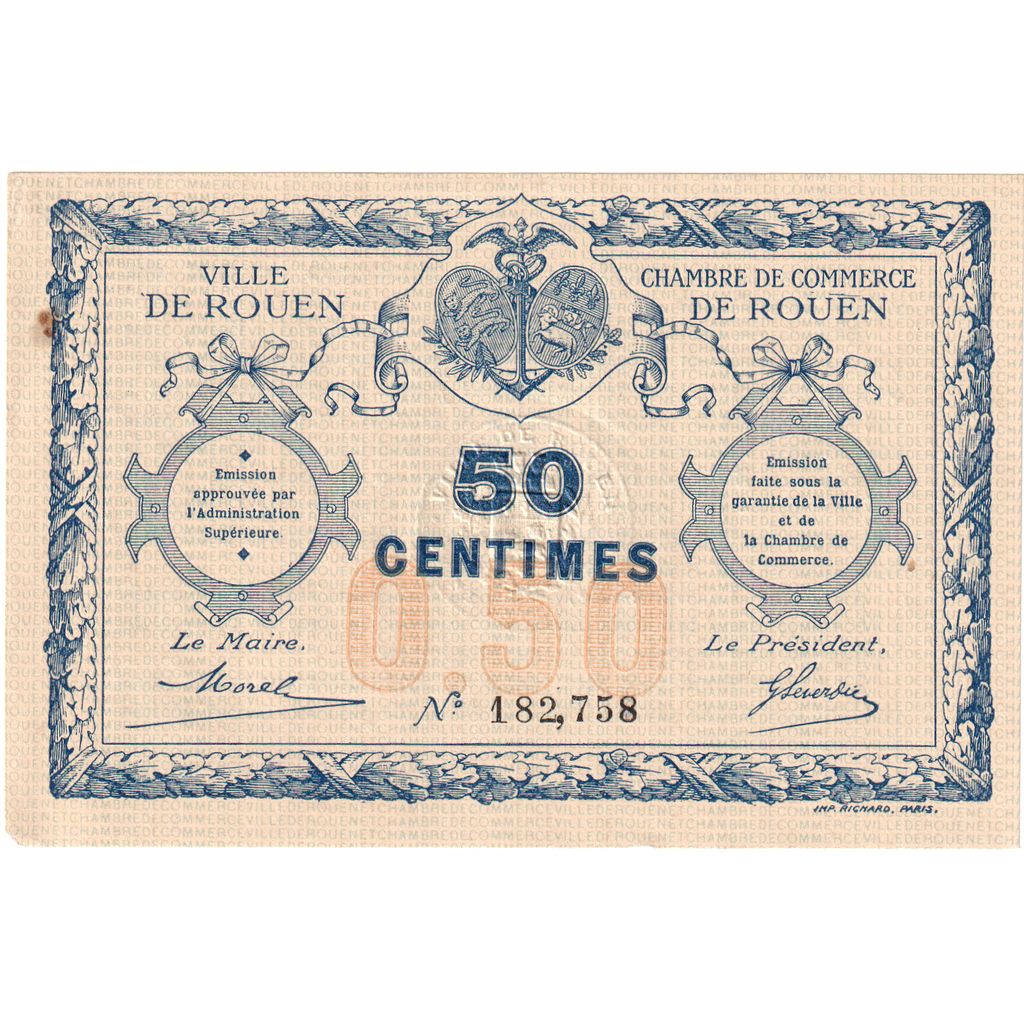 France, Rouen, 50 Centimes, 1916, Chambre de Commerce, EF(40-45), Pirot:110-18