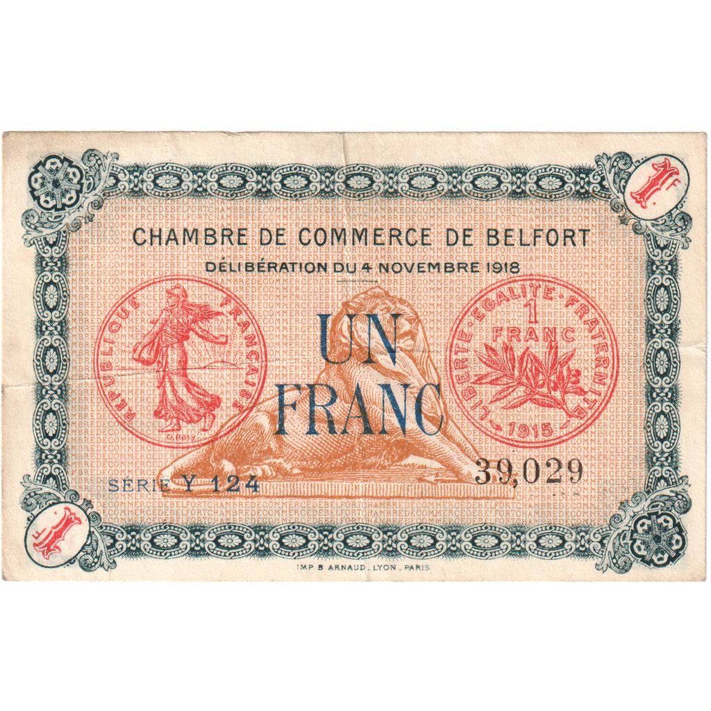 France, Belfort, 1 Franc, 1918, VF(20-25), Pirot:23-40