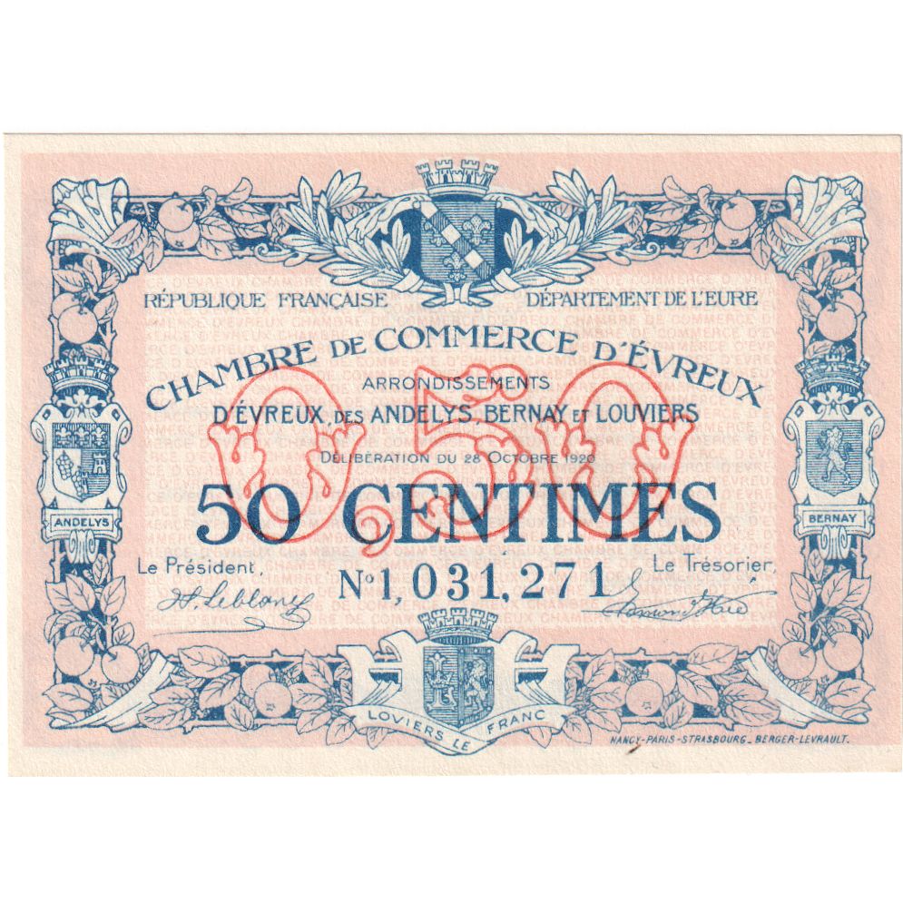 Francia, Evreux, 50 Centimes, 1917, SPL, Pirot:57-10